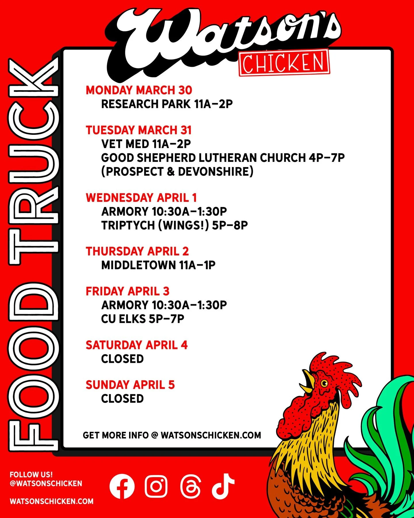 Our Food Truck schedule for 3/30 - 4/5. To see the full menu or to book the truck for your private event, please visit the link in our bio!