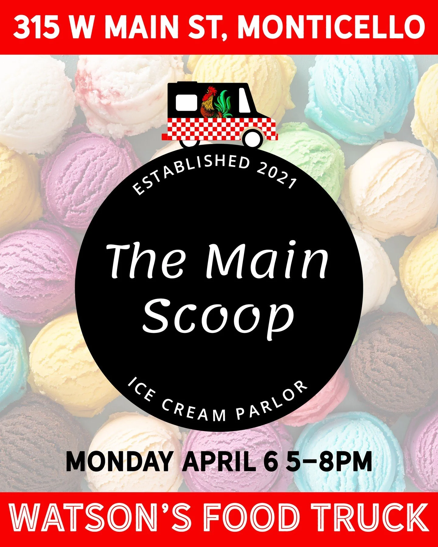 We'll be at the @themainscoopicecream in Monticello this Monday evening! Come see us for dinner and get dessert at the Main Scoop!