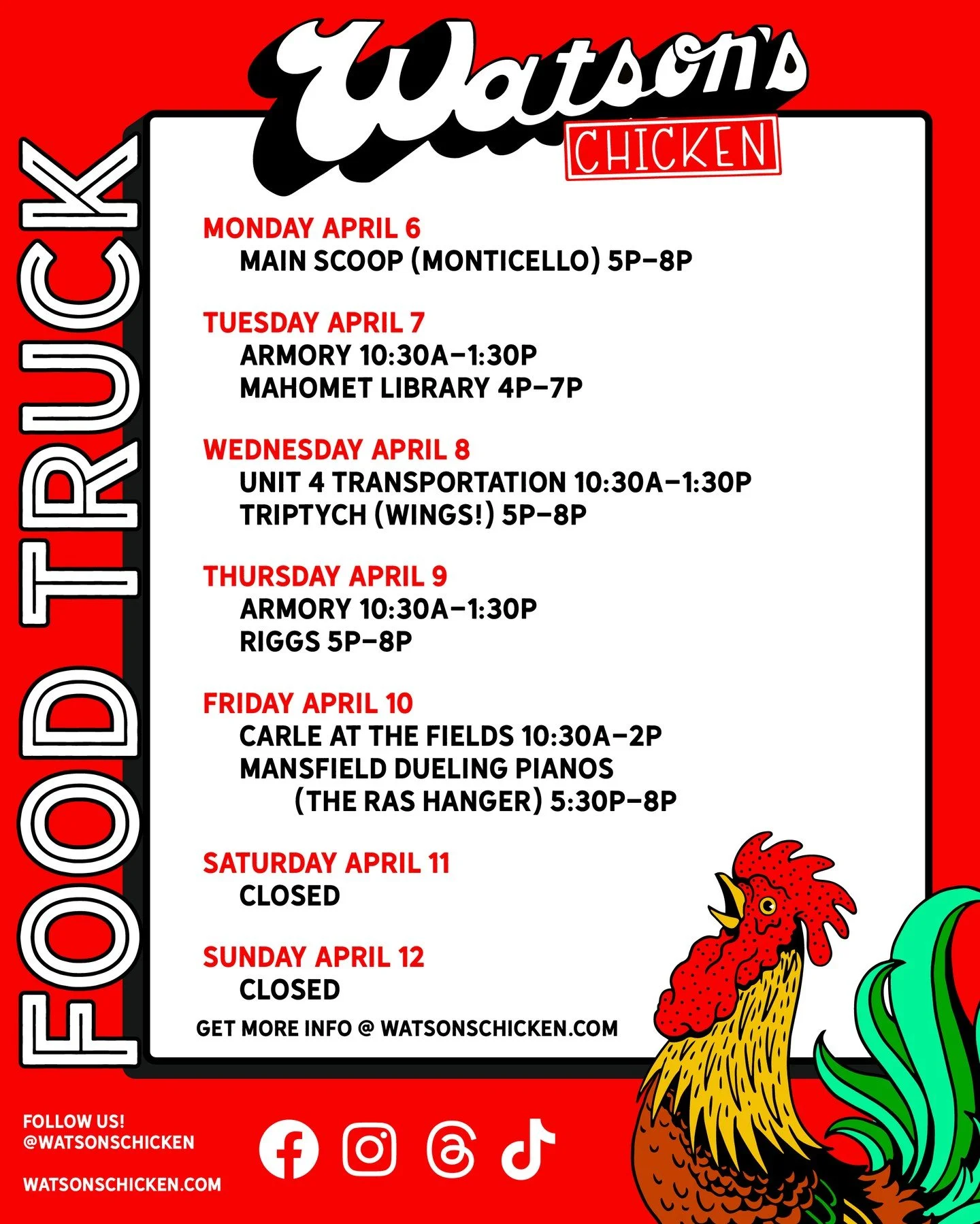 Our Food Truck schedule for 4/6 - 4/12. To see the full menu or to book the truck for your private event, please visit the link in our bio!