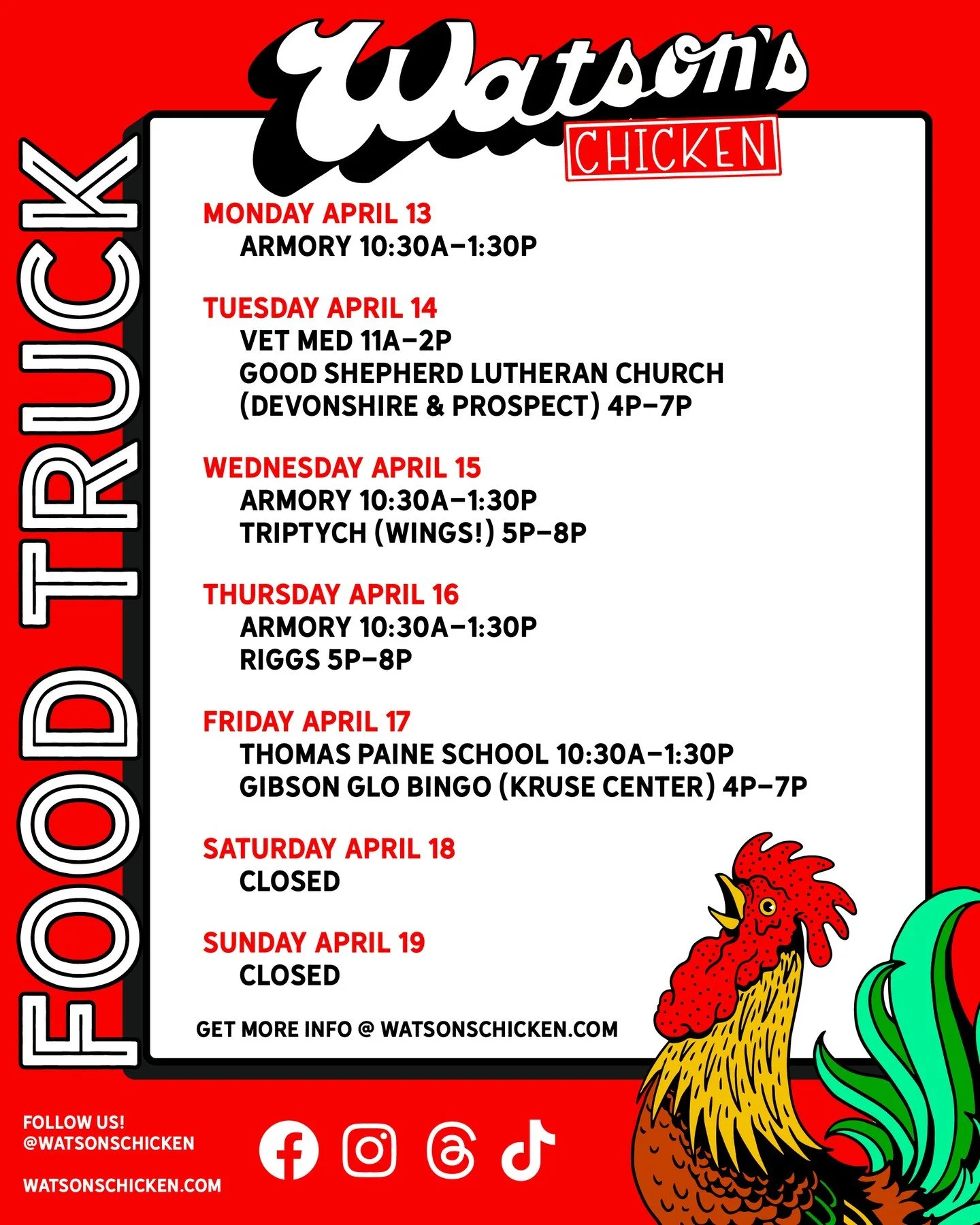 Our Food Truck schedule for 4/13 - 4/19. To see the full menu or to book the truck for your private event, please visit the link in our bio!
