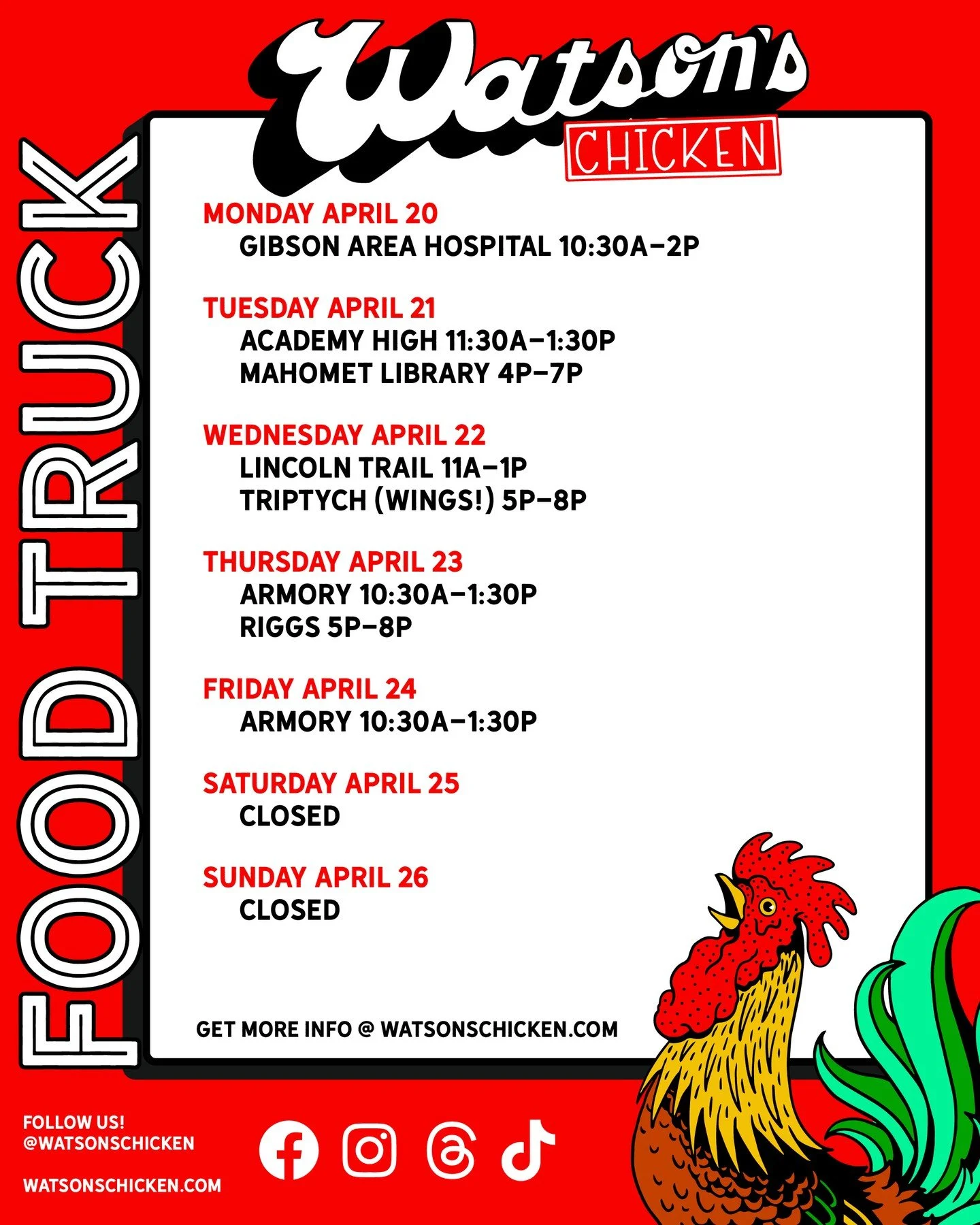 Our Food Truck schedule for 4/20 - 4/26. To see the full menu or to book the truck for your private event, please visit the link in our bio!