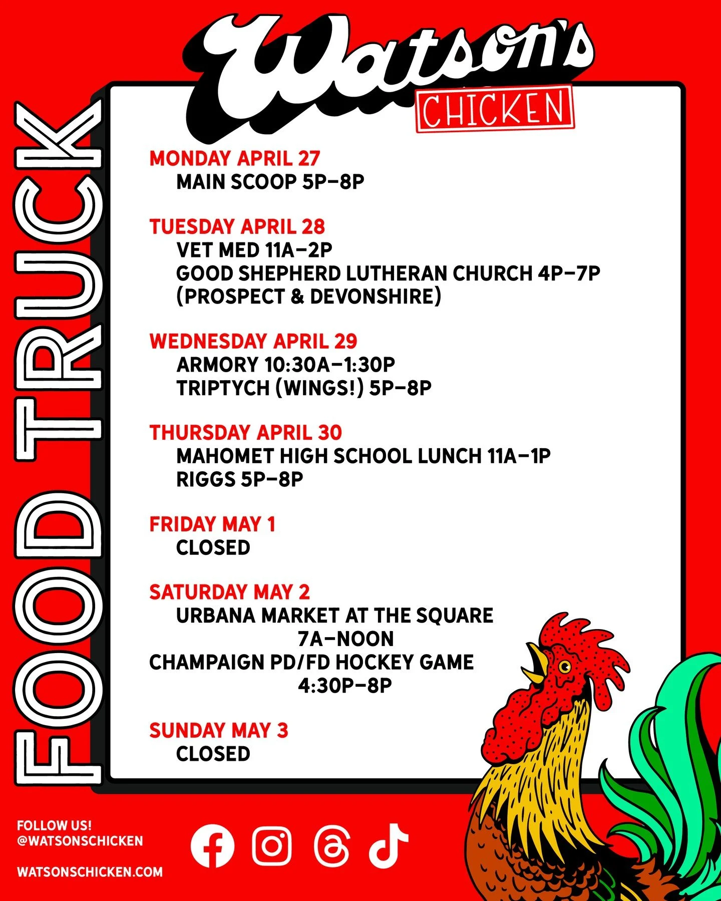 Our Food Truck schedule for 4/27 - 5/3! Includes heading back to Main Scoop in Monticello and our first Urbana Farmer's Market of the year! See you there!