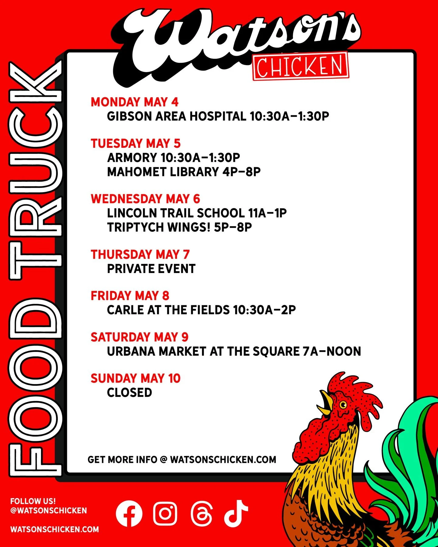 Our Food Truck schedule for 5/4 - 5/10. To see the full menu or to book the truck for your private event, please visit the link in our bio!