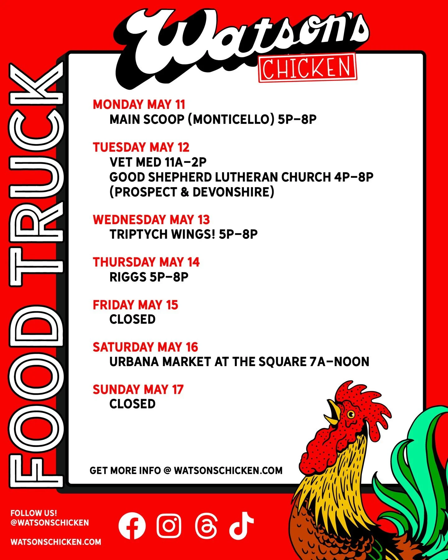 Our Food Truck schedule for 5/11 - 5/17. To see the full menu or to book the truck for your private event, please visit the link in our bio!