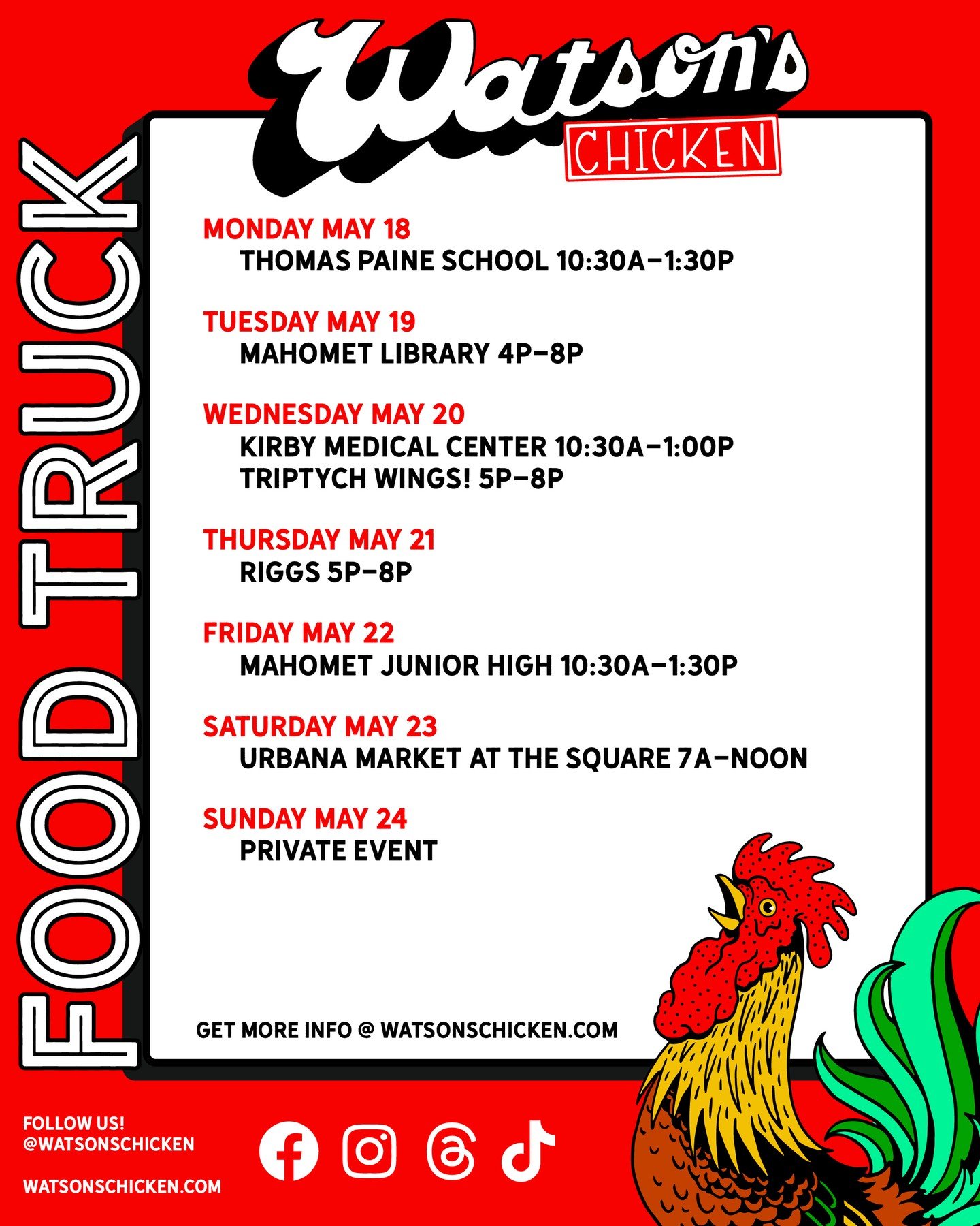 Our Food Truck schedule for 5/18 - 5/24. To see the full menu or to book the truck for your private event, please visit the link in our bio!