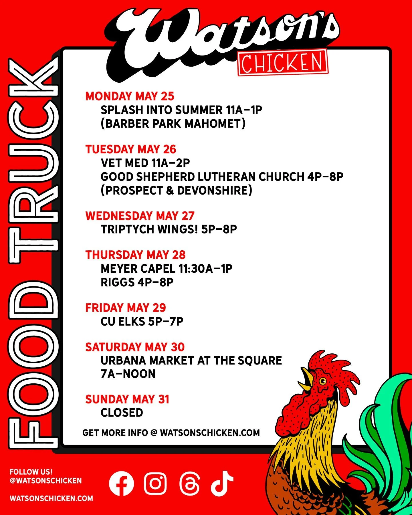 Our Food Truck schedule for 5/25-5/31! To see the full menu or to book the truck for your private event, please visit https://www.watsonschicken.com/food-truck