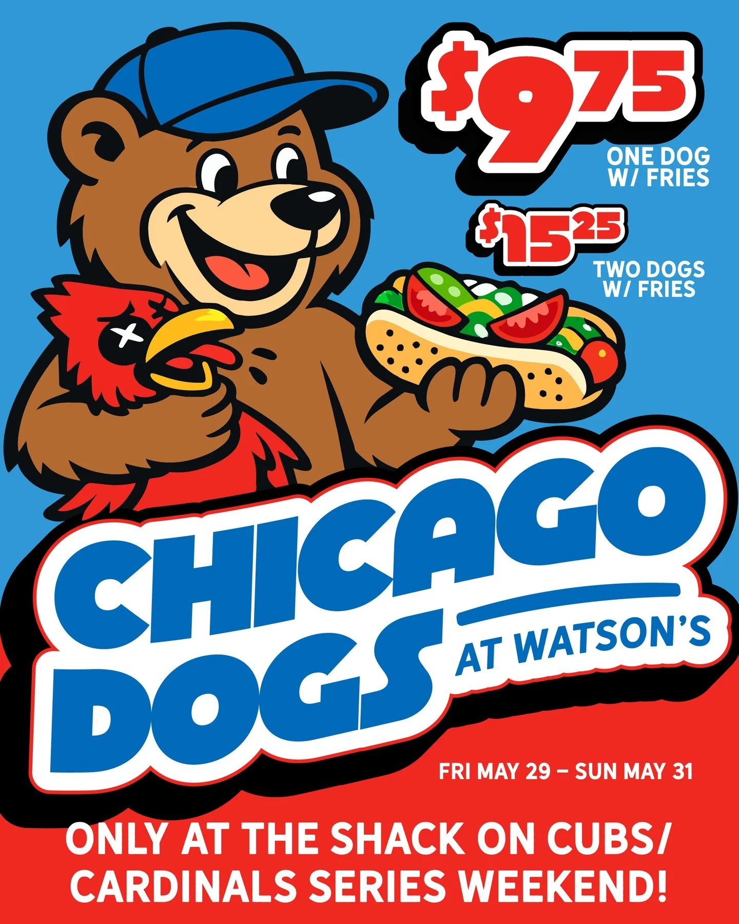 This weekend! Chicago Dogs at Watson's! We'll have the Cubs/Cards series on the TVs and the all beef hot dogs ready for you. Traditional style: All beef frank topped with white onion, tomato, pickle, sport pepper, relish and celery salt served on a p