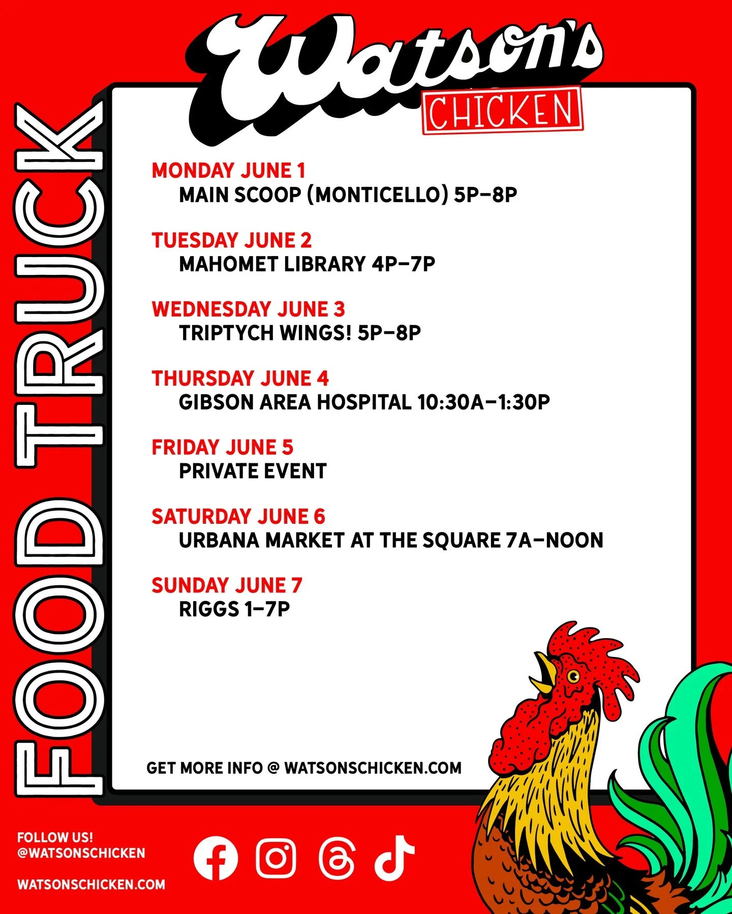 Our Food Truck schedule for 6/1 - 6/7. To see the full menu or to book the truck for your private event, please visit the link in our bio!