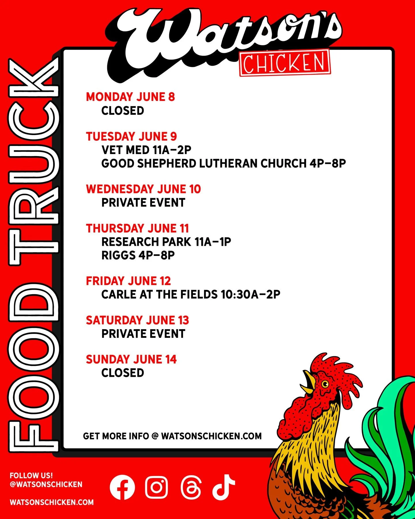 Our Food Truck schedule for 6/8 - 6/14. To see the full menu or to book the truck for your private event, please visit the link in our bio!