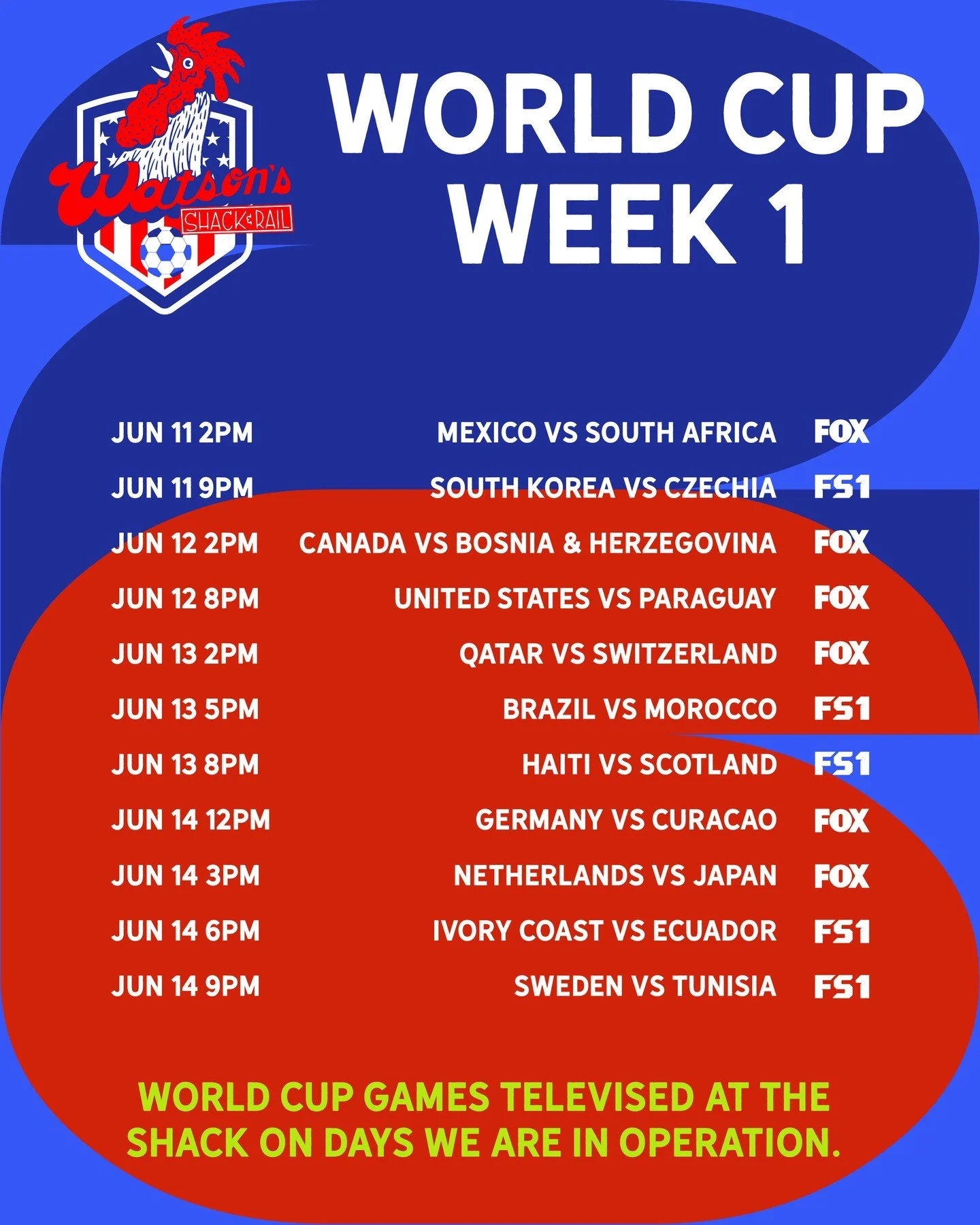We're showing World Cup games at the Shack! On day's we're open, and during hours we're open, we will have the TVs on the beautiful game...come see us!
