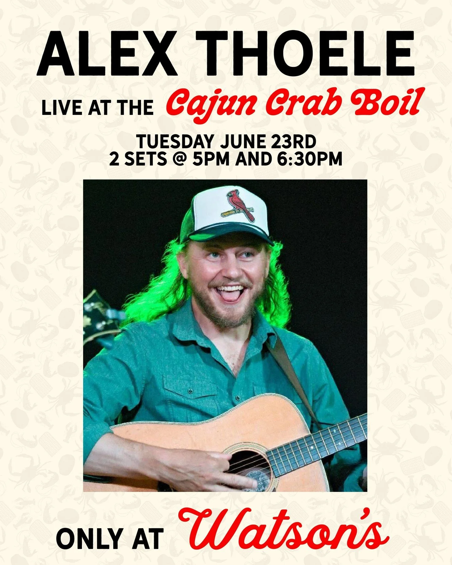 Get reservations to our summer Cajun Crab Boil at the link in our bio!⁠
⁠
Alex Thoele (Chain Station) will be playing 2 sets, one at 5pm, one at 6:30pm! Those times are going fast!