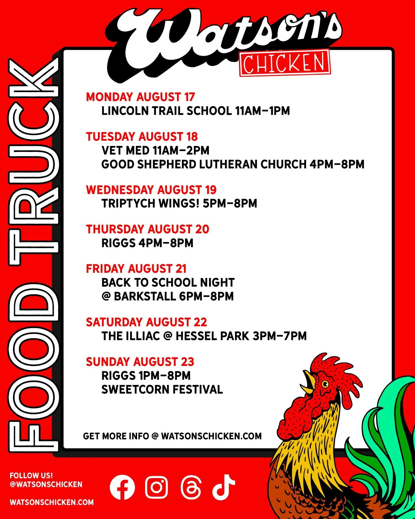 Our Food Truck schedule for 8/17 - 8/23. To see the full menu or to book the truck for your private event, please visit https://www.watsonschicken.com/food-truck