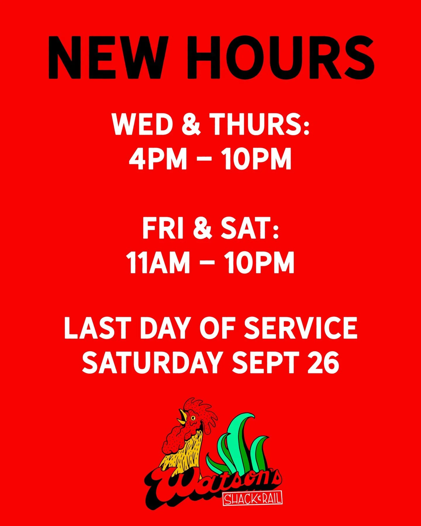 Our new hours for the final run at the Shack starts tomorrow. We're closed Sun-Tues, open for dinner on Wed &amp; Thur, and lunch and dinner on Fri &amp; Sat...come see us one last time, a couple times!