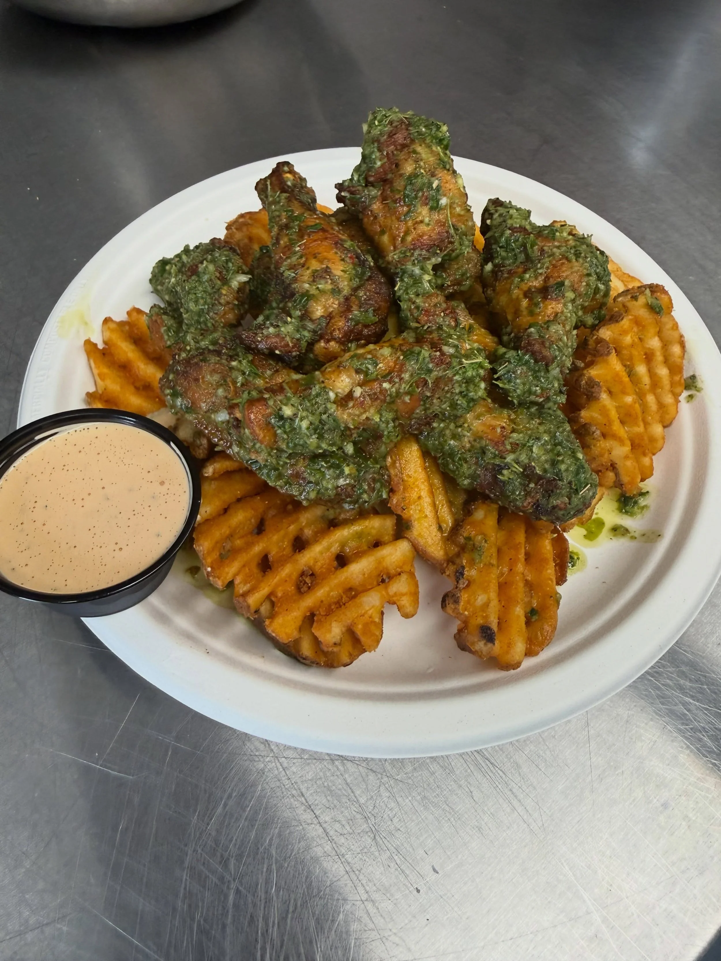 Special for our truck visit to @triptychbrewing tonight: Chimichurri Wings with a Calabrian chili ranch dipping sauce! $16