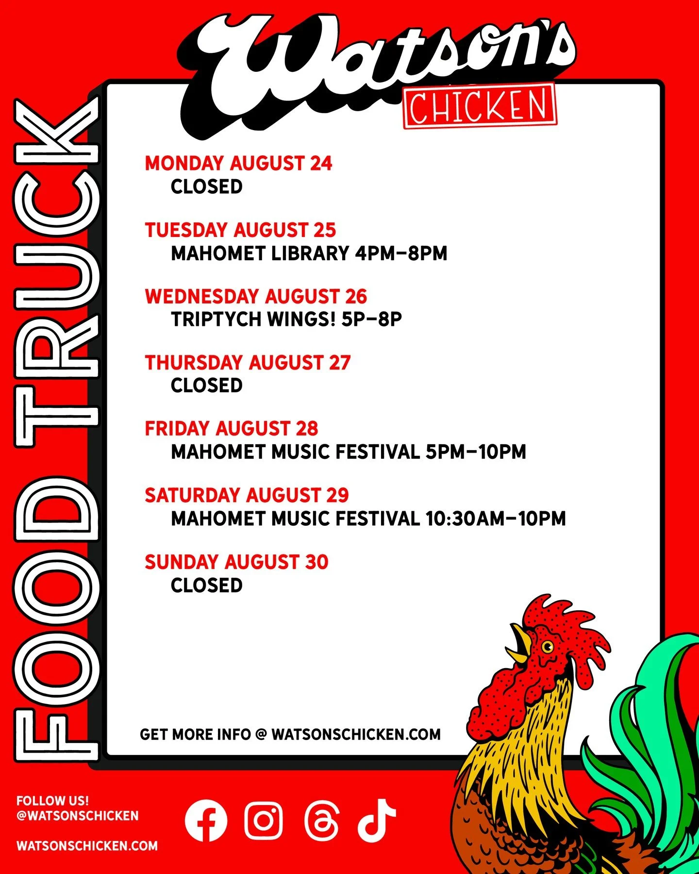 Our Food Truck schedule for 8/24 - 8/30. To see the full menu or to book the truck for your private event, please visit https://www.watsonschicken.com/food-truck