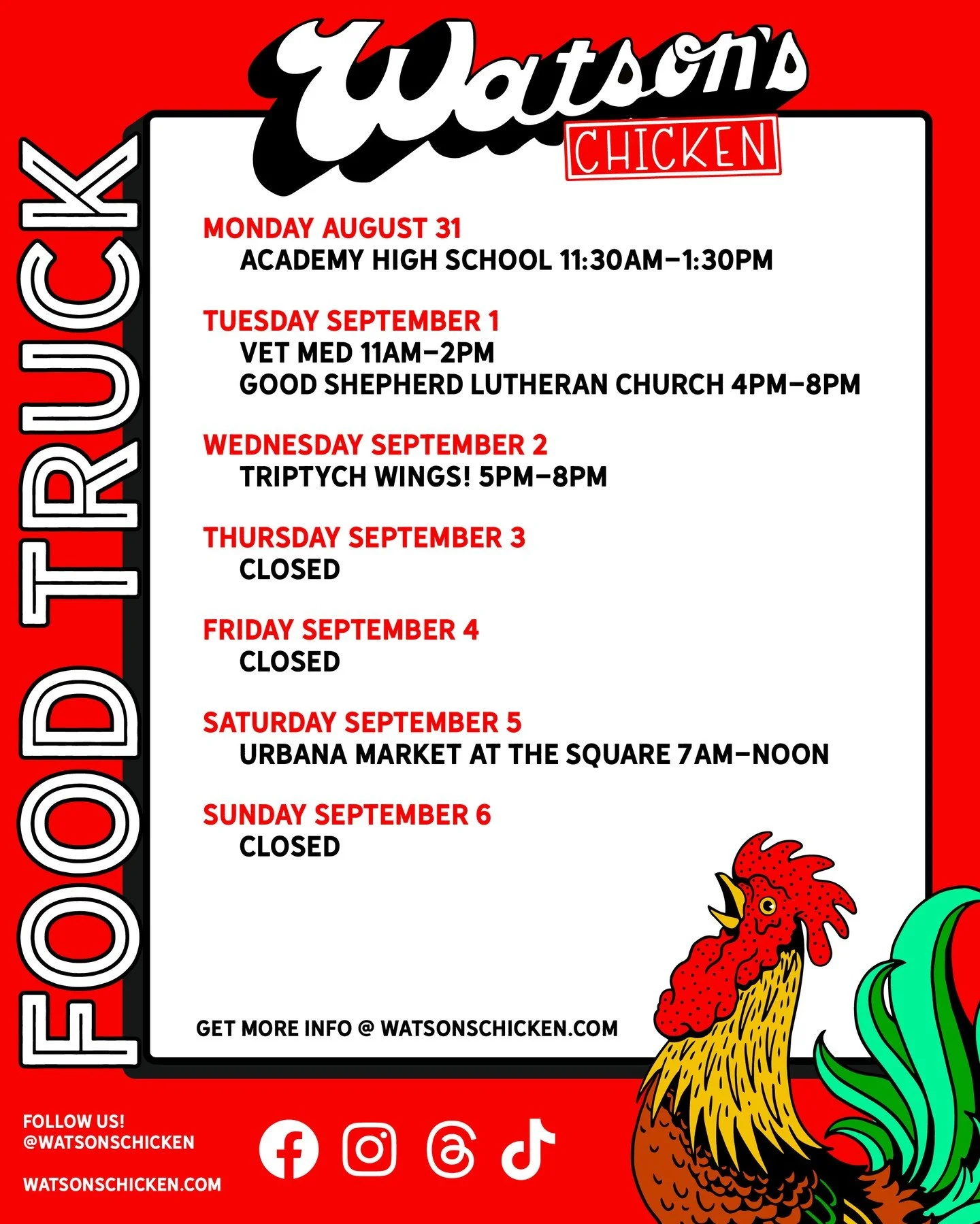 Our Food Truck schedule for 8/31 - 9/6. To see the full menu or to book the truck for your private event, please visit the link in our bio!