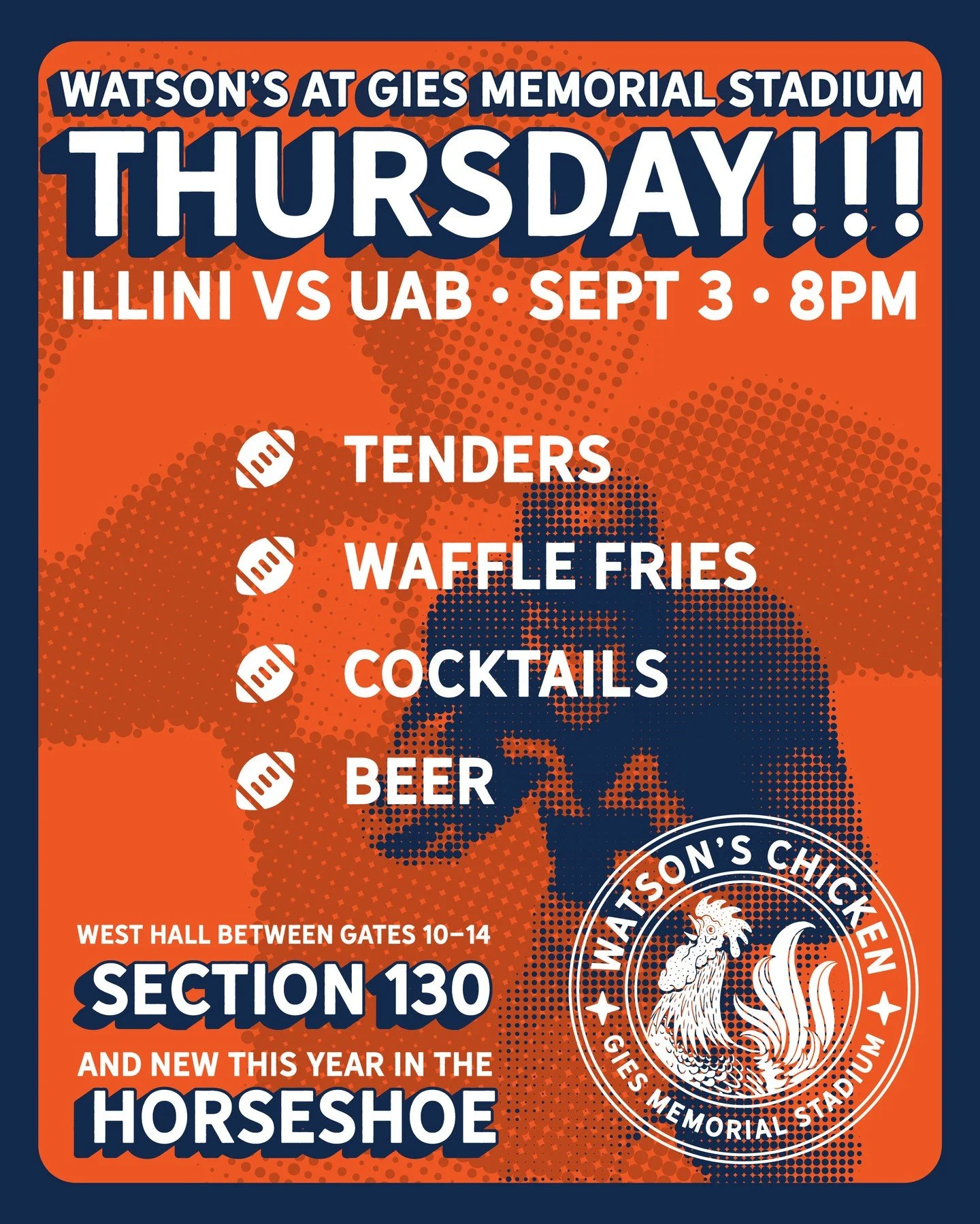 First Illini game of the year! We have a second location in the Horseshoe, near section 117. The menu will be a tad different there, we're serving our Bavarian Pretzel in stick form, only available at the Horseshoe. Waffle Fry Nachos will only be ava