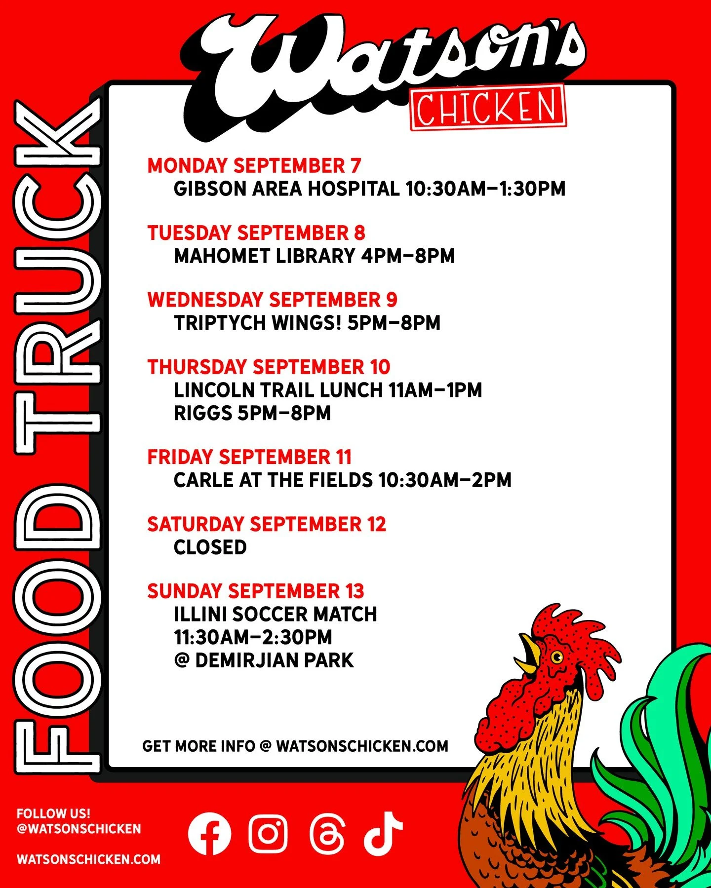 Our Food Truck schedule for 9/7 - 9/13. To see the full menu or to book the truck for your private event, please visit the link in our bio!