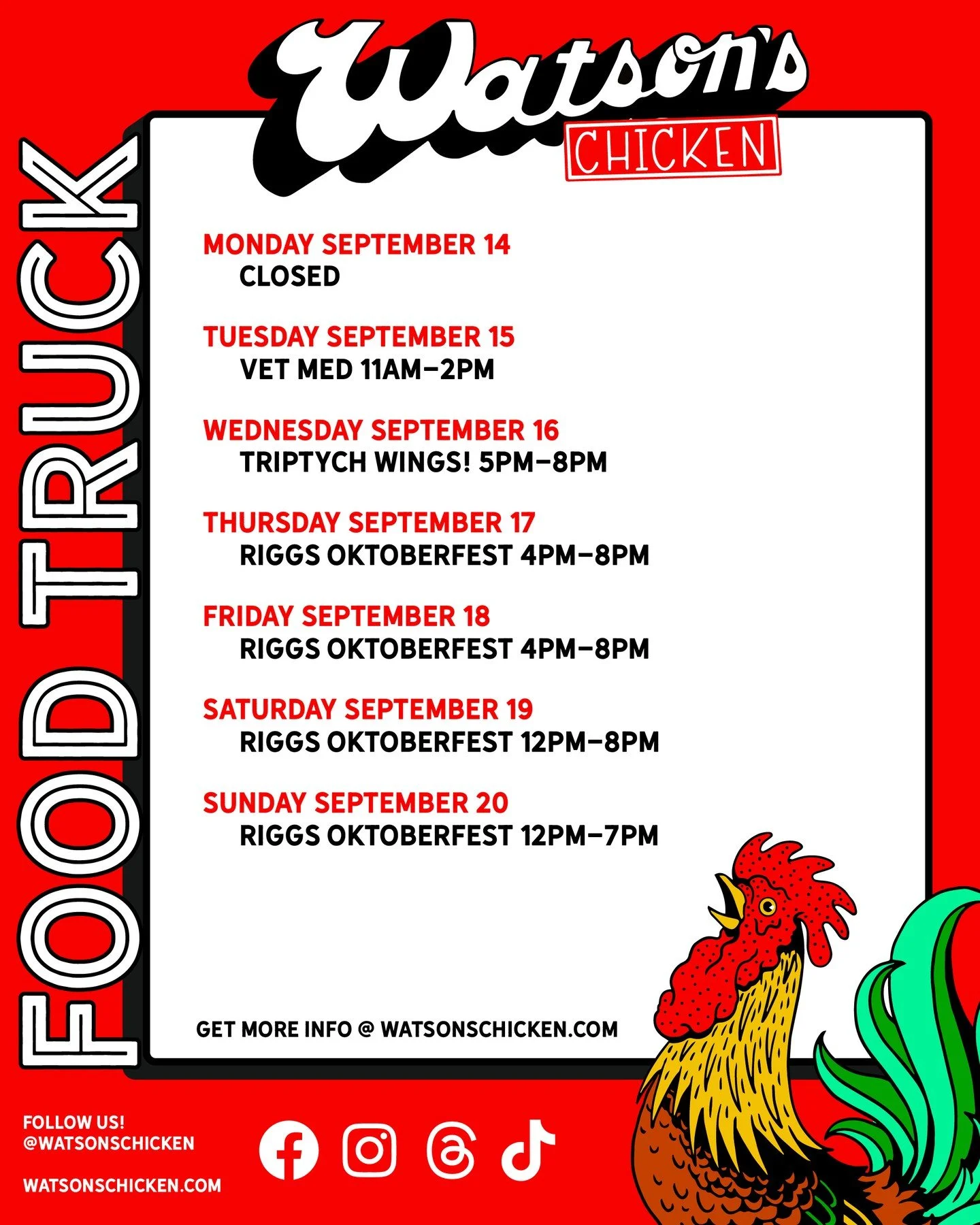 Our Food Truck schedule for 9/13 - 9/20. To see the full menu or to book the truck for your private event, please visit the link in our bio!