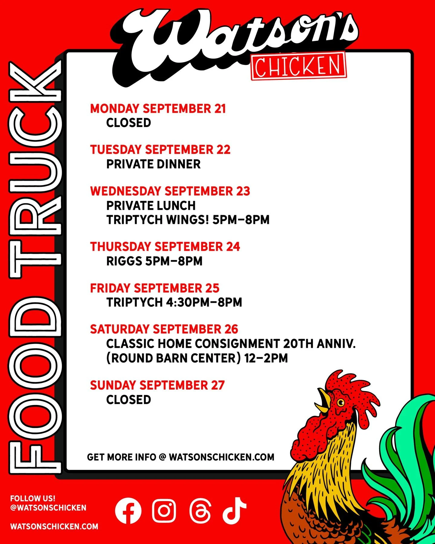 Our Food Truck schedule for 9/21 - 9/27. To see the full menu or to book the truck for your private event, please visit the link in our bio!