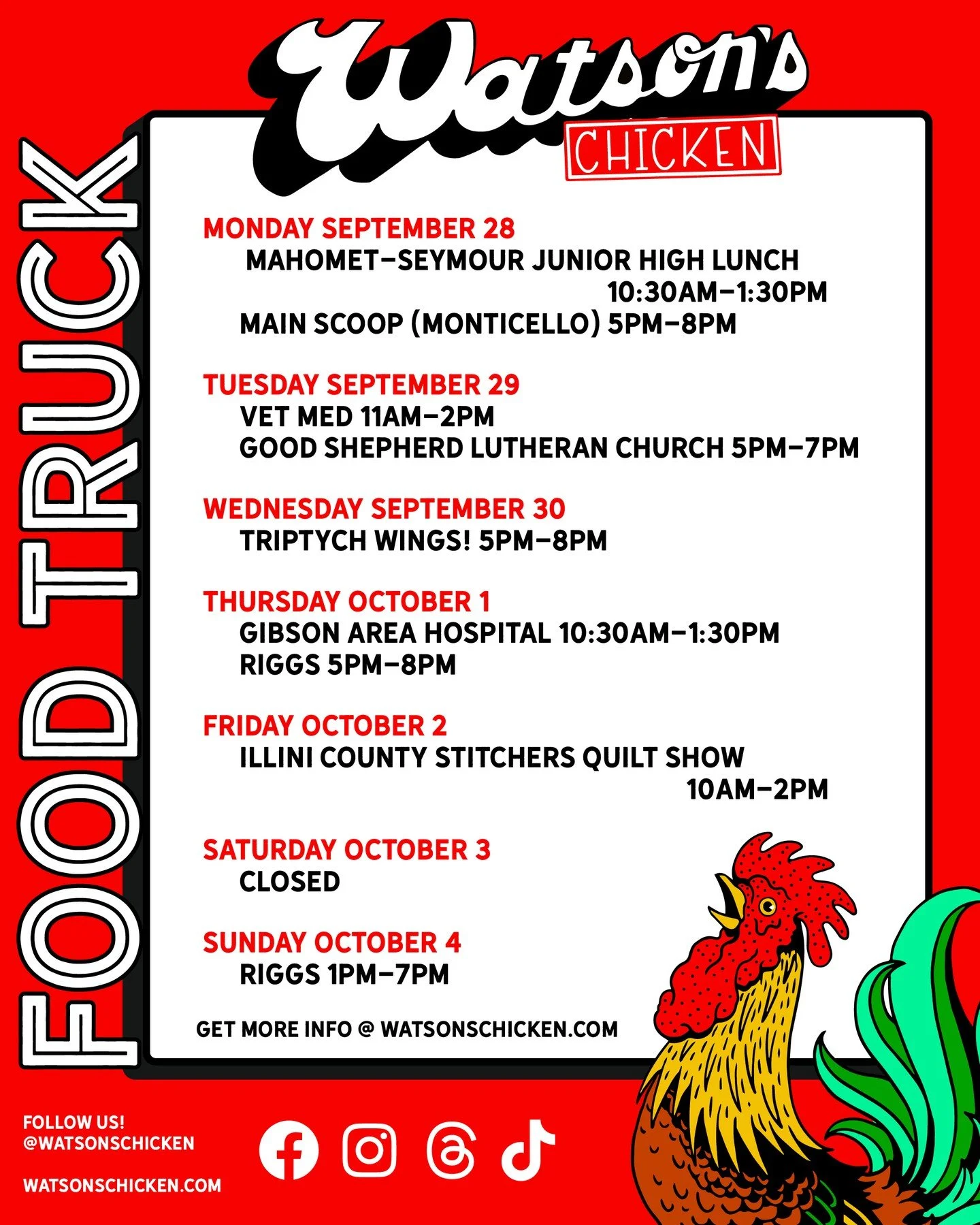 Our Food Truck schedule for 9/28 - 10/4. To see the full menu or to book the truck for your private event, please visit the link in our bio!