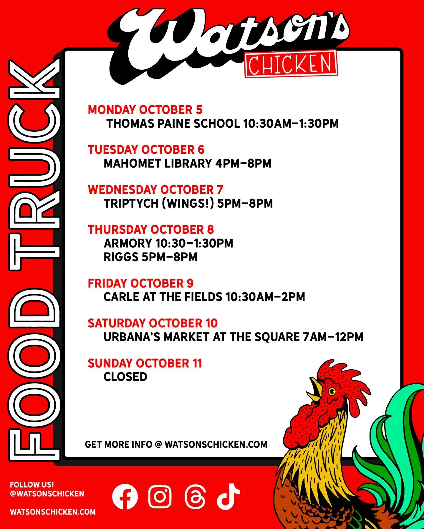 Our Food Truck schedule for 10/5 - 10/11. To see the full menu or to book the truck for your private event, please visit the link in our bio!