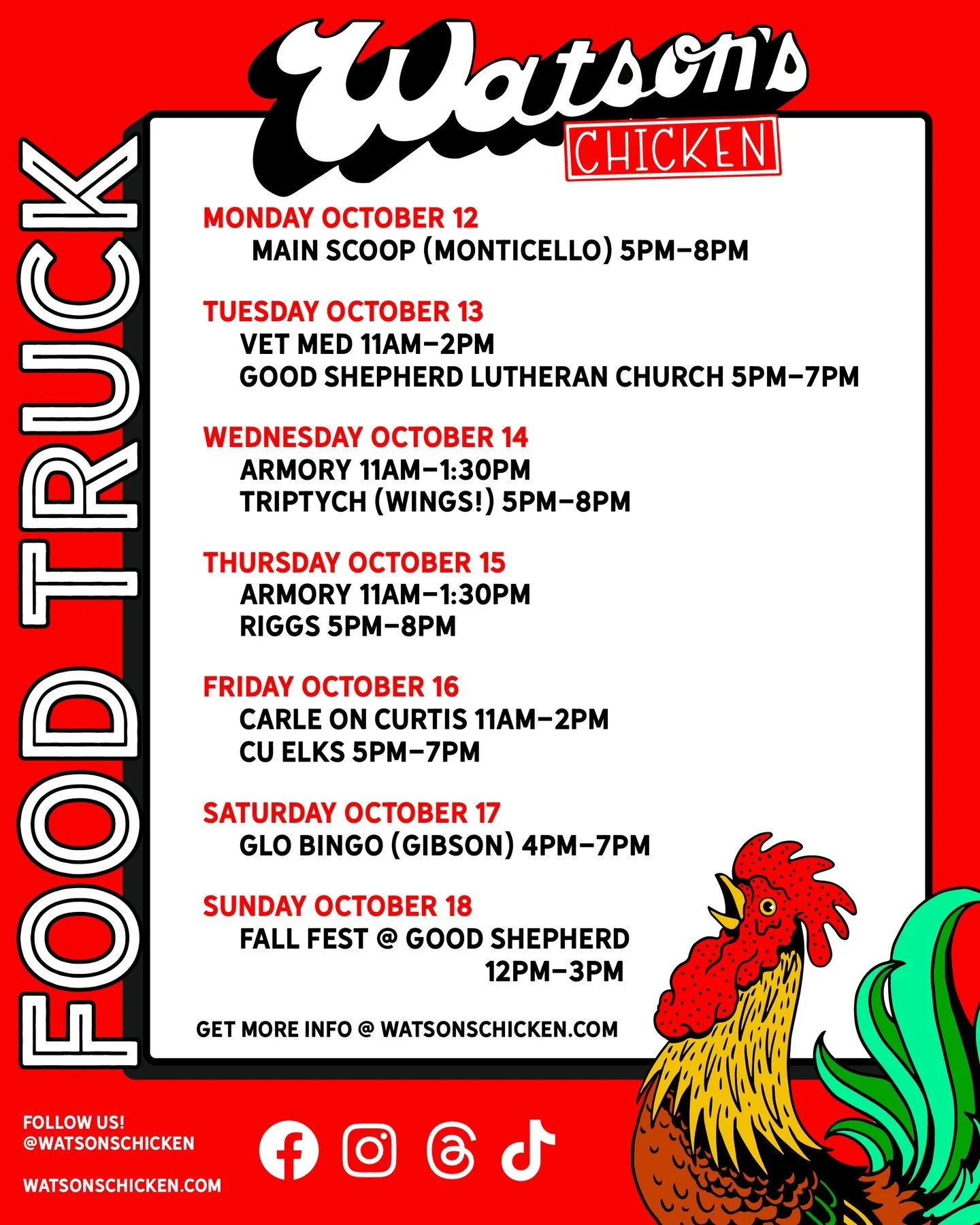 Our Food Truck schedule for 10/12 - 10/18. To book the truck for your private event or to see the full menu, please visit the link in our bio!
