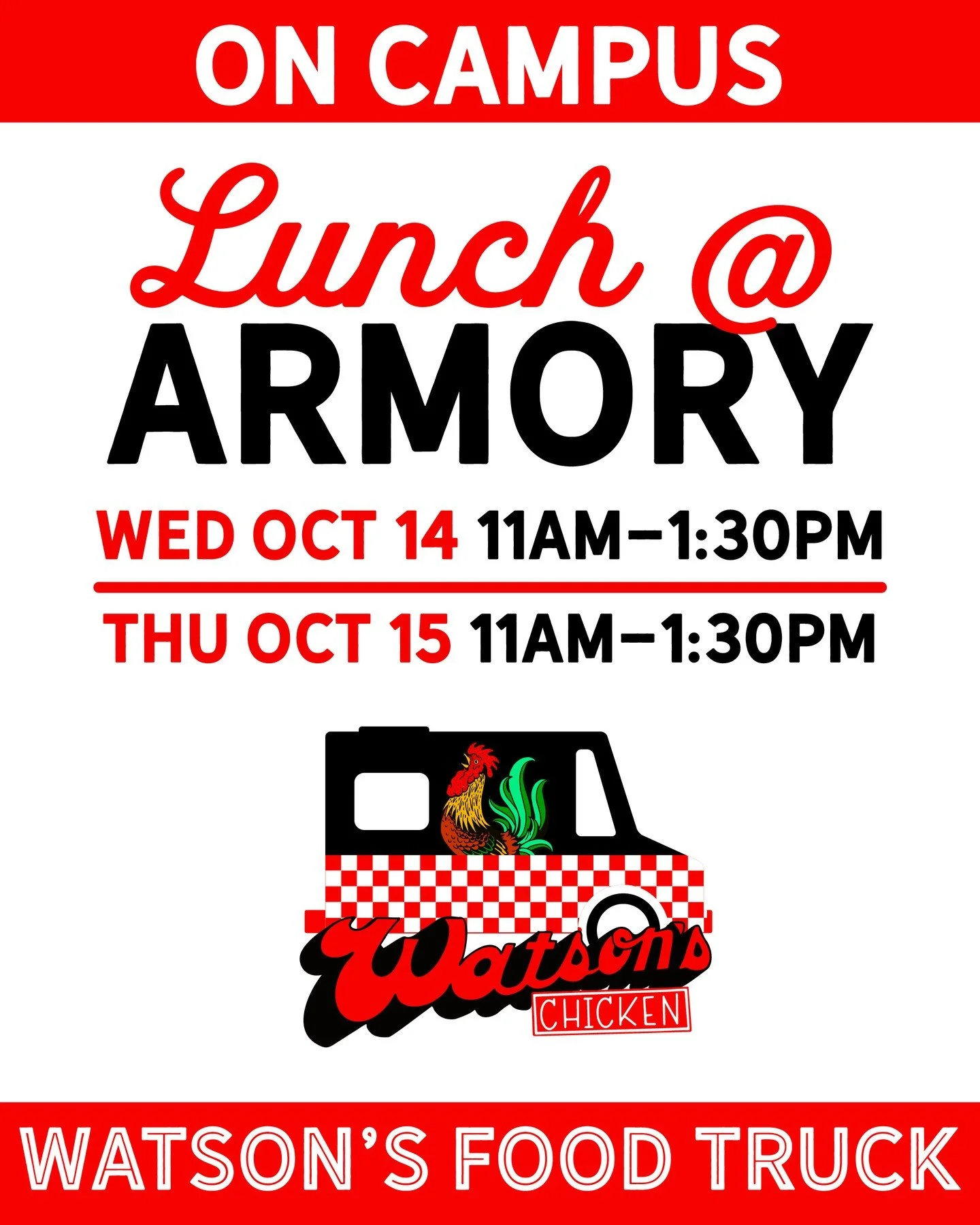 We're on campus the next 2 days for lunch! Come find us at 6th and Armory.
