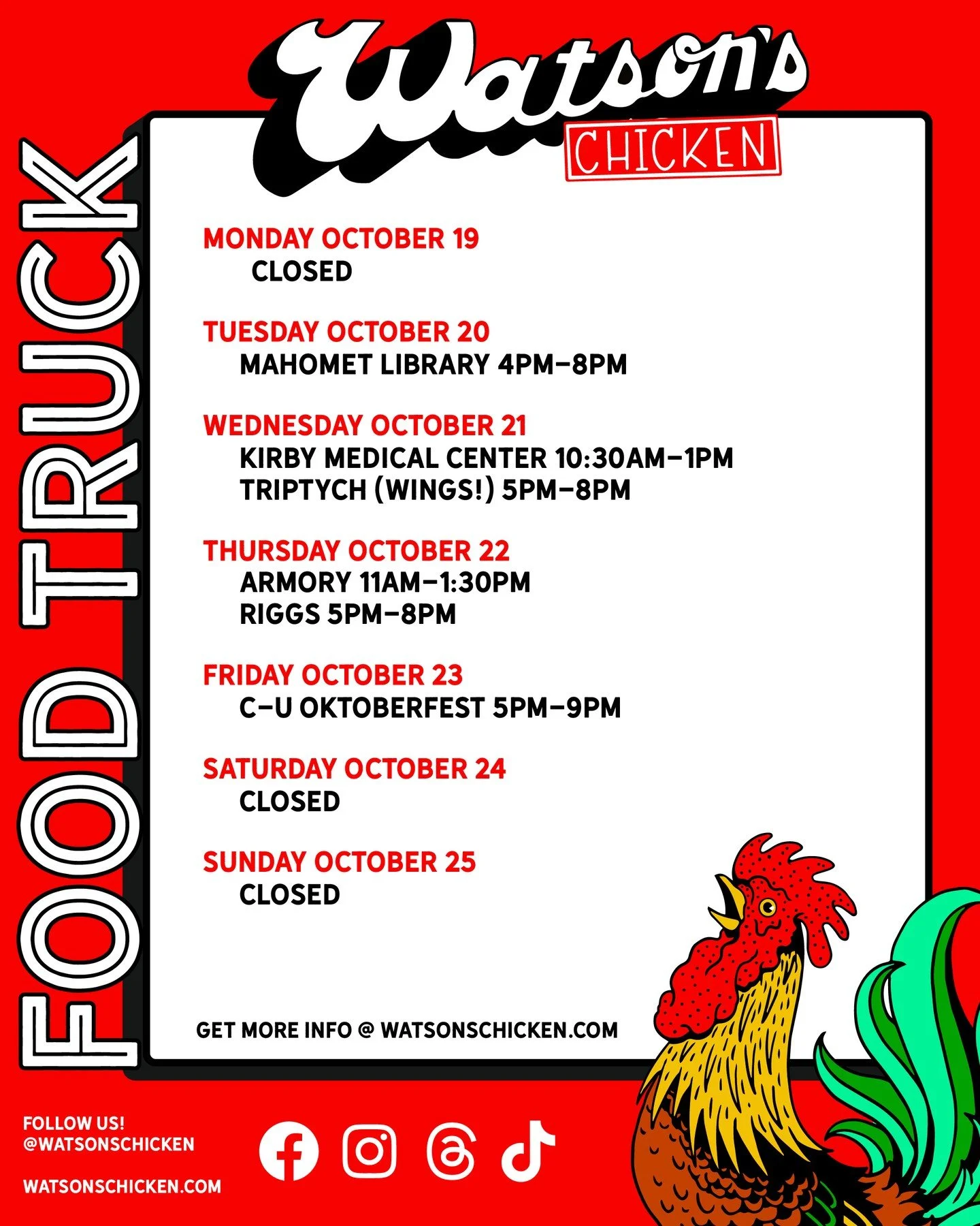 Our Food Truck schedule for 10/19 - 10/25. To see the full menu or to book the truck for your event, please visit the link in our bio!