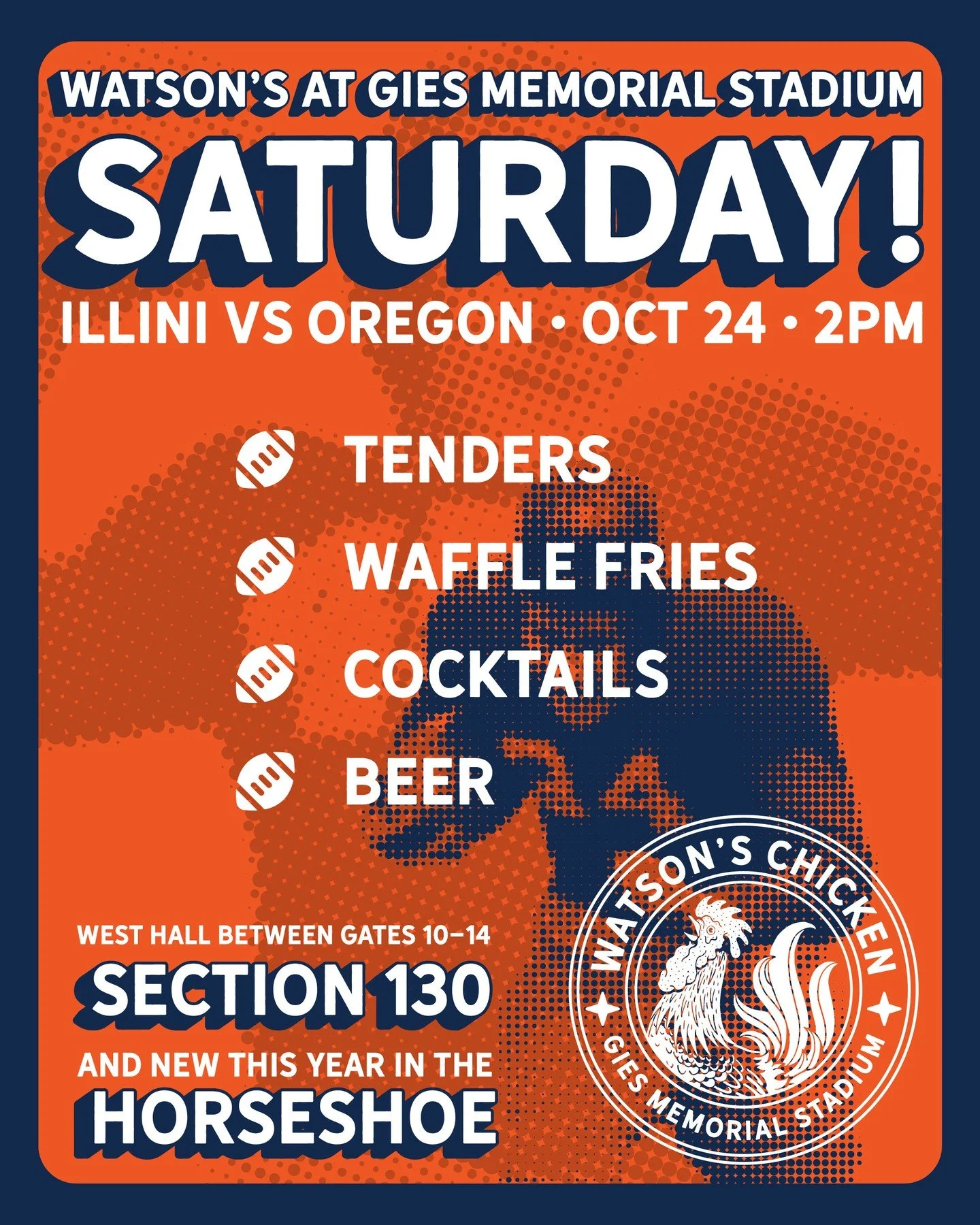Welcome back, Illini football! It's been too long. The Fighting Illini hosts Oregon at Gies Memorial Stadium, and Watson&rsquo;s will be serving from both of our stadium locations.⁠
🐓 West 130⁠
🐓 Horseshoe 117⁠
Find the rooster. Get the chicken. Wa
