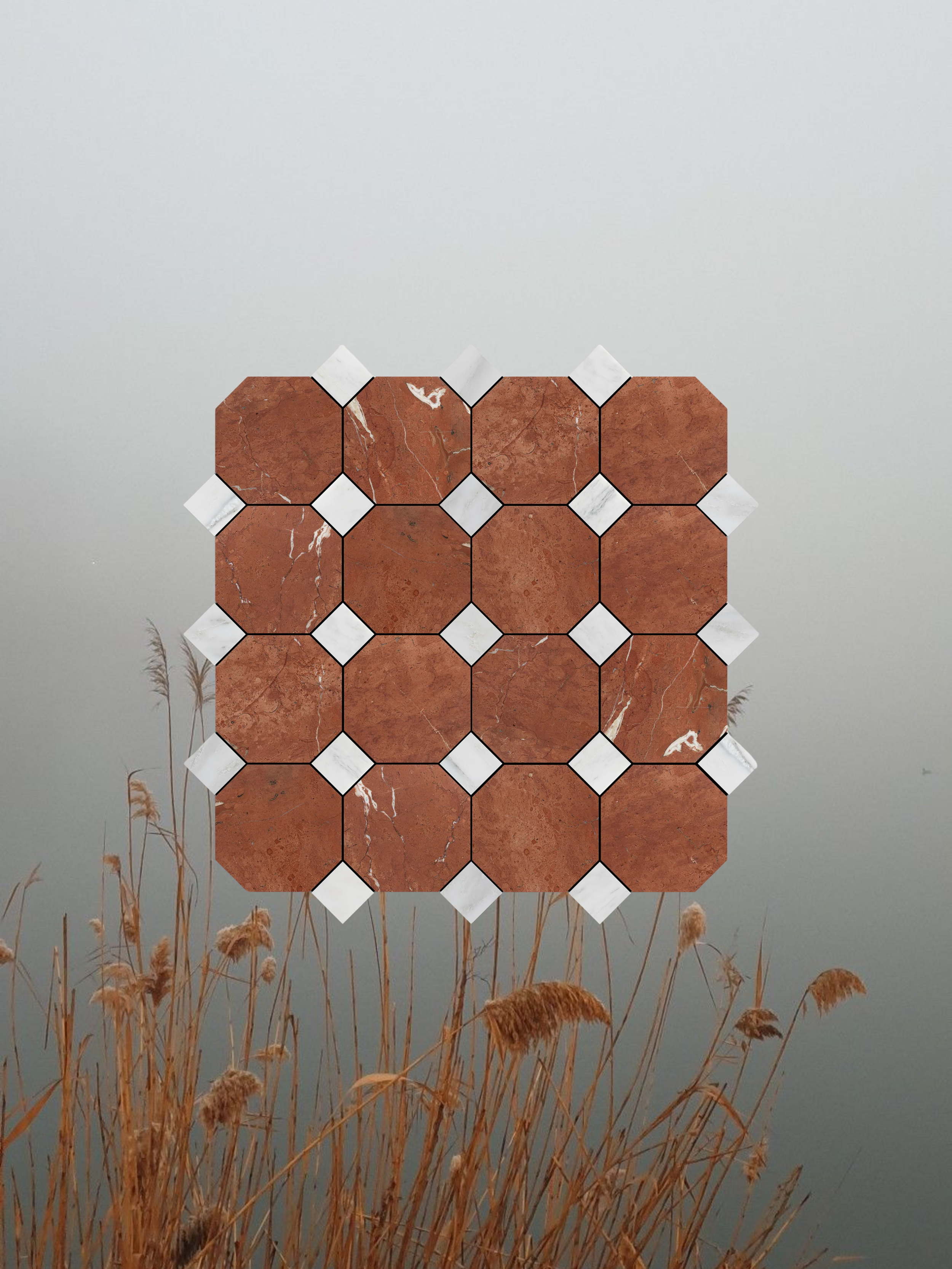 Riad Tile - Rosso Alicante Octagon &amp; Casablanca Carrara Dot Marble