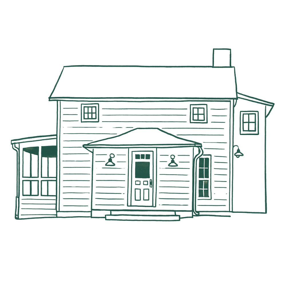 Illustration of a two-story house with a front porch, two small second-story windows, and a chimney.