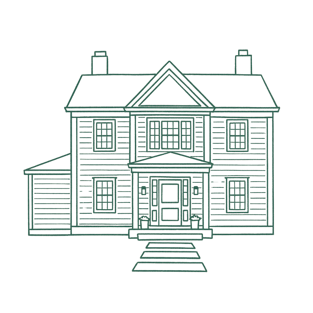 Outline drawing of a two-story house with a front porch, steps leading up to the front door, and multiple windows on each floor.