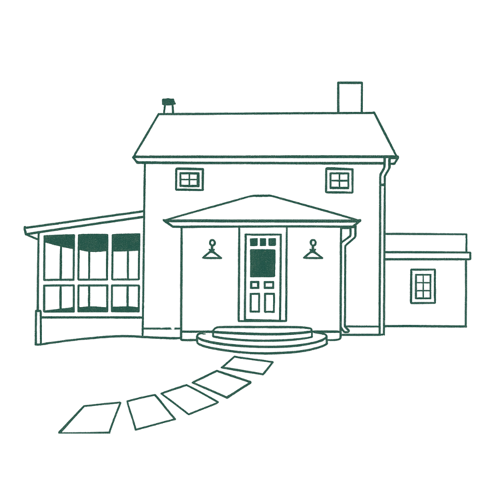 Outline drawing of a house with steps leading to the front door, a porch with hanging hooks, and an addition to the left with multiple windows.