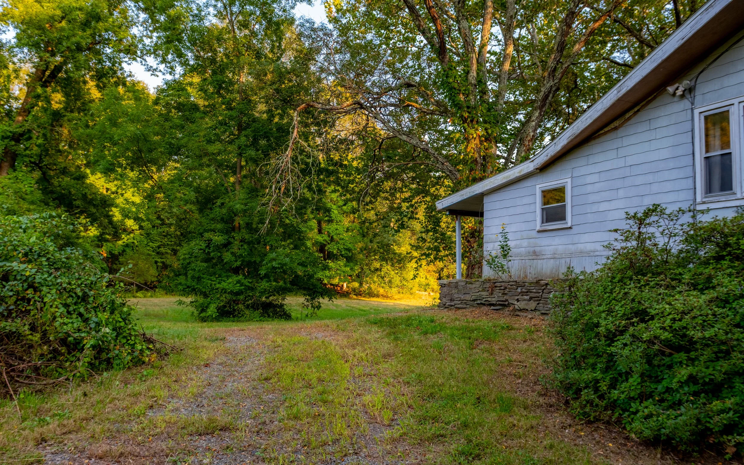 A white house with a sloped roof next to a grassy yard, surrounded by green trees, with sunlight filtering through the foliage.