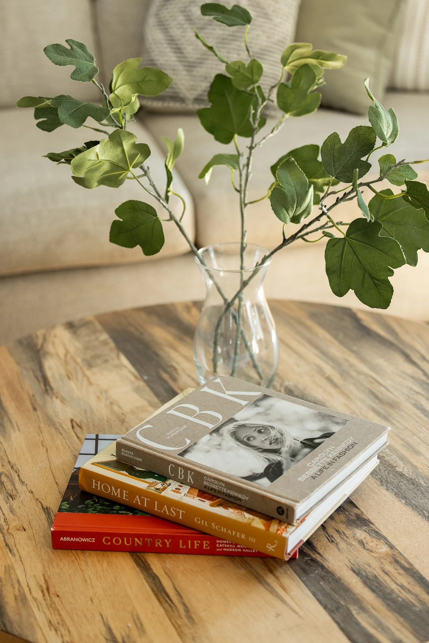 A clear glass vase with green leafy branches on a wooden table, with four stacked books with colorful covers.