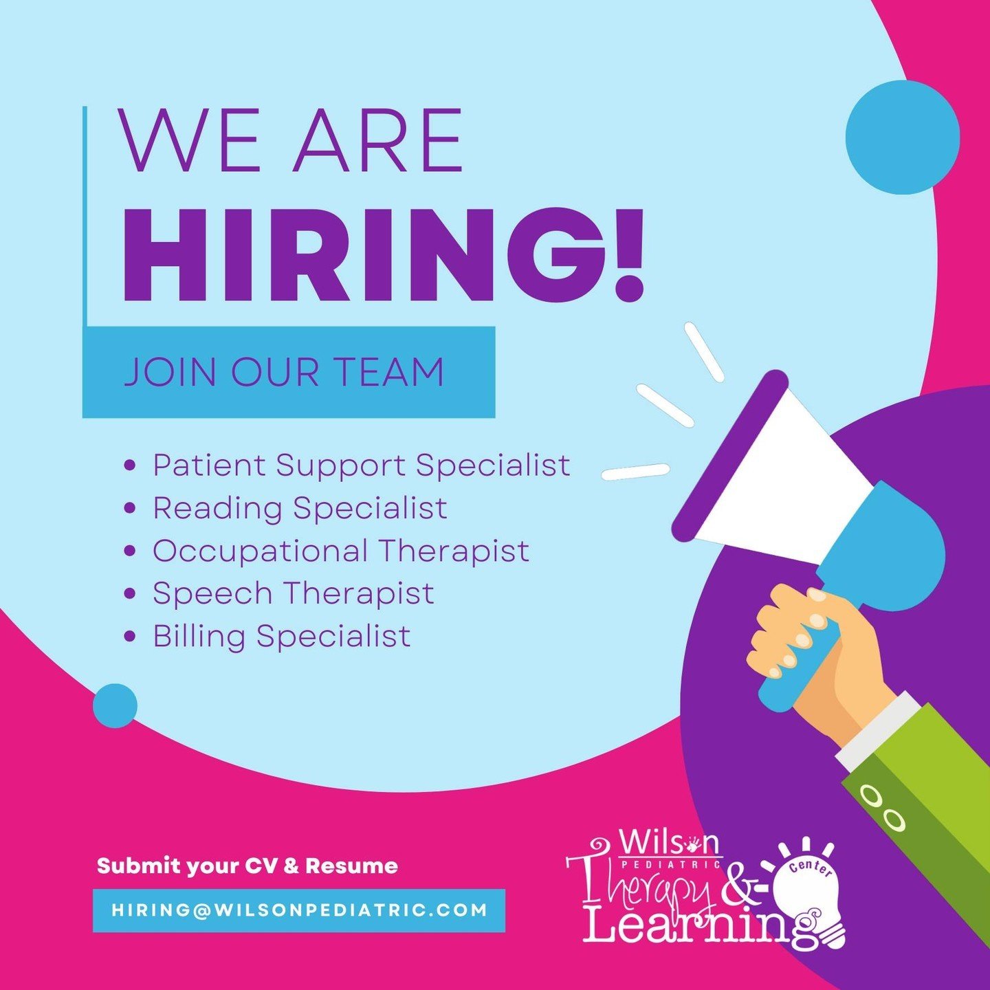 We are HIRING!!🎉 We are looking for the following roles: Occupational Therapist, Speech Therapist, Reading Specialist, Billing Specialist and Patient Support Specialist to join our WPT family! We are passionate about what we do both in the clinic an