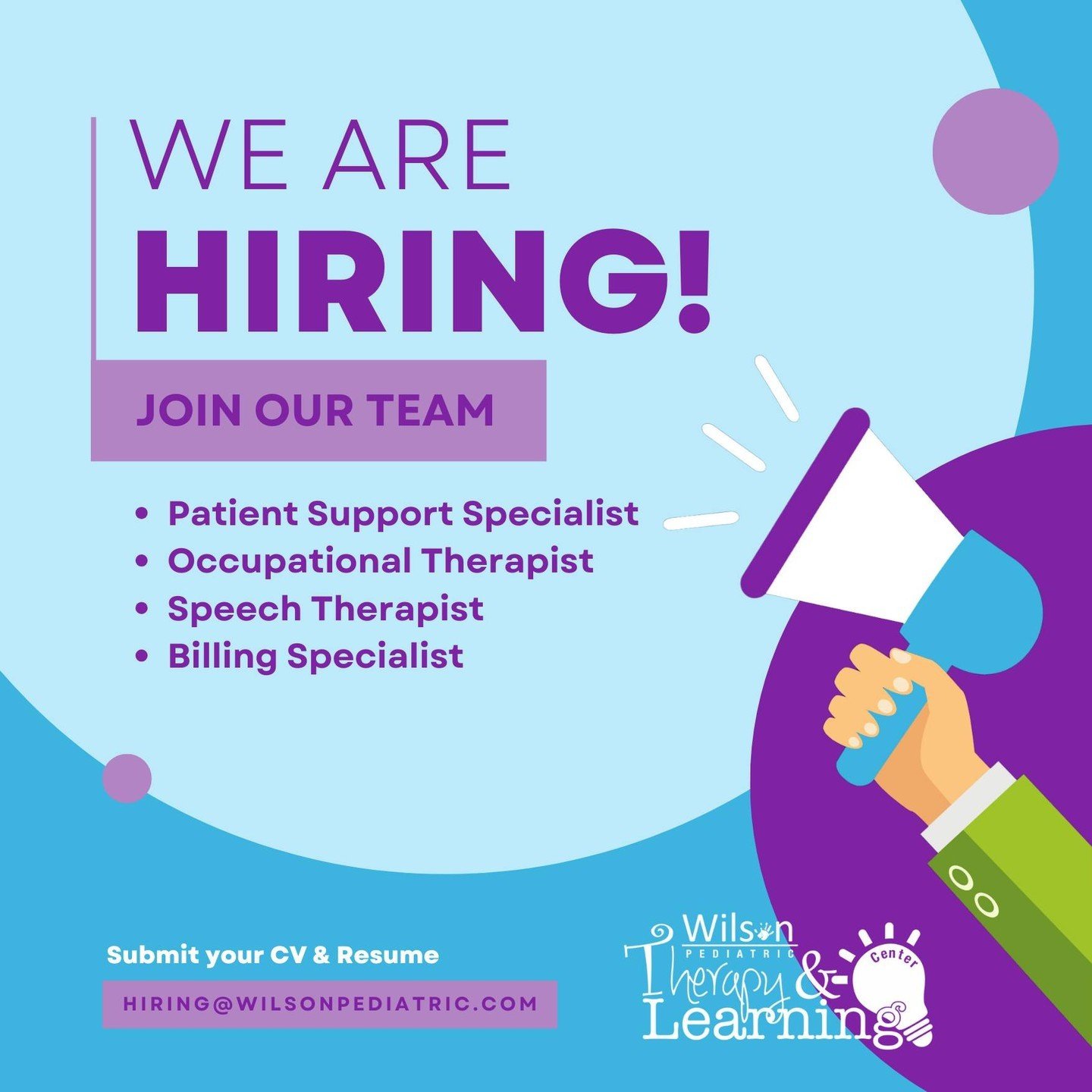 We are HIRING!!🎉 We are looking for the following roles: Occupational Therapist, Speech Therapist, Billing Specialist and Patient Support Specialist to join our WPT family!

We are passionate about what we do both in the clinic and in the community 