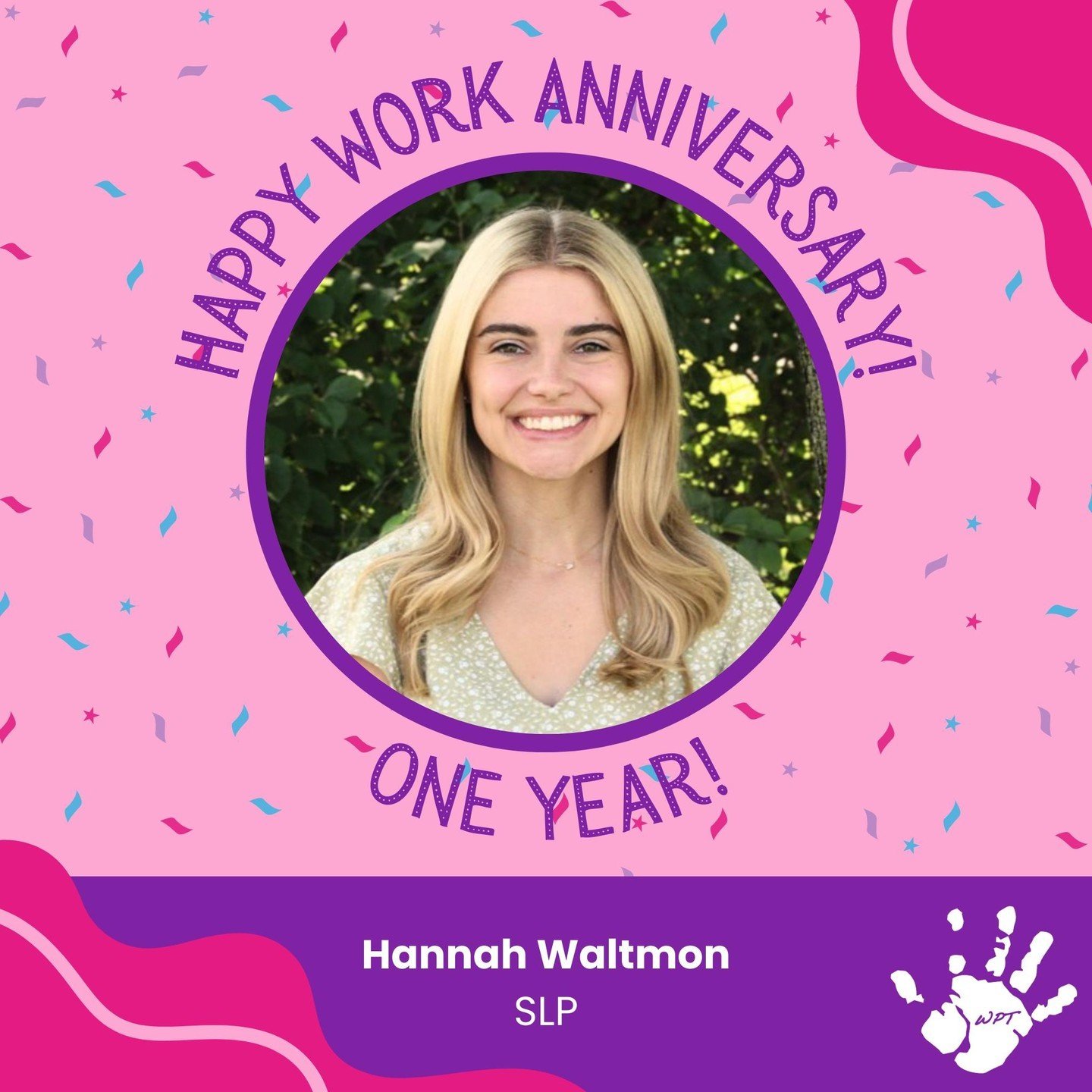Happy WPT Work Anniversary, Hannah!🥳🎊 Thank you for your year of hard work and dedication to our clinic!  We appreciate all you do for us each and every day!💗

#WilsonPediatricTherapy #WPT #Workaversary #WorkAnniversary #OneYear #Thankful #Awesome