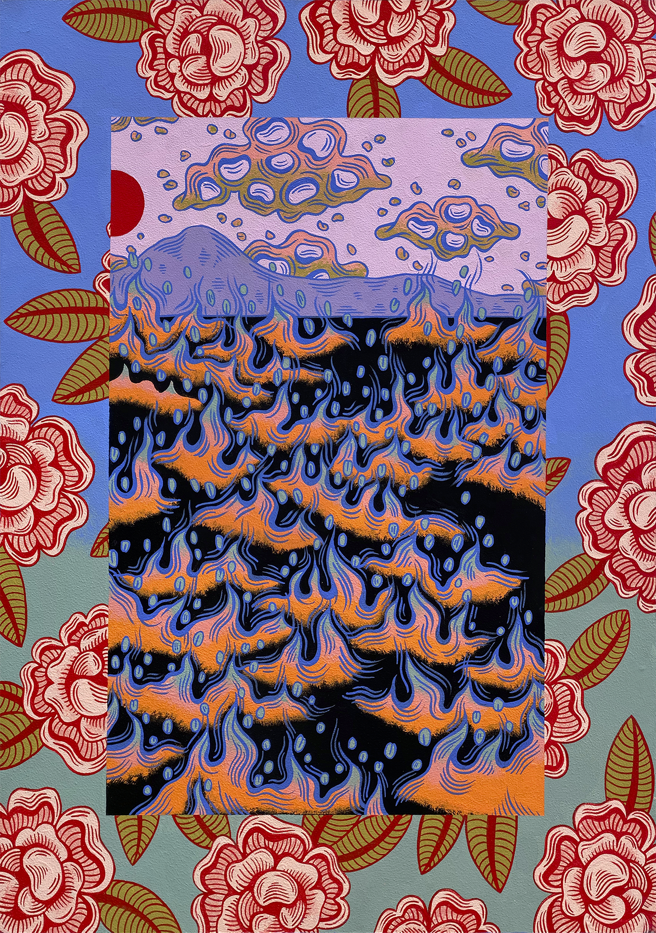 Tableau I (Cruel Reminders) • Gouache on panel, 18” x 24” with additional pine frame