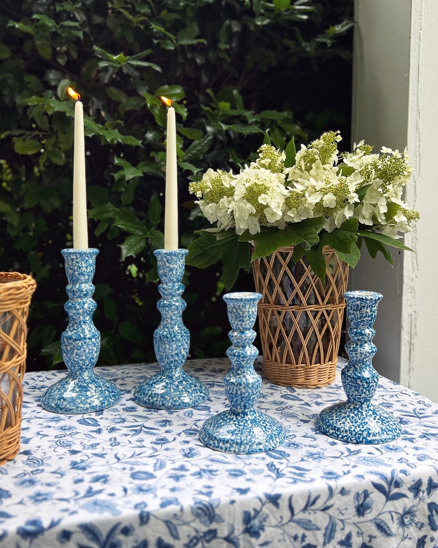 Deep greens and blues are the colors I choose 💙🤍💚 Two pairs of spongeware candlesticks are now available on the website for al fresco entertaining this summer.