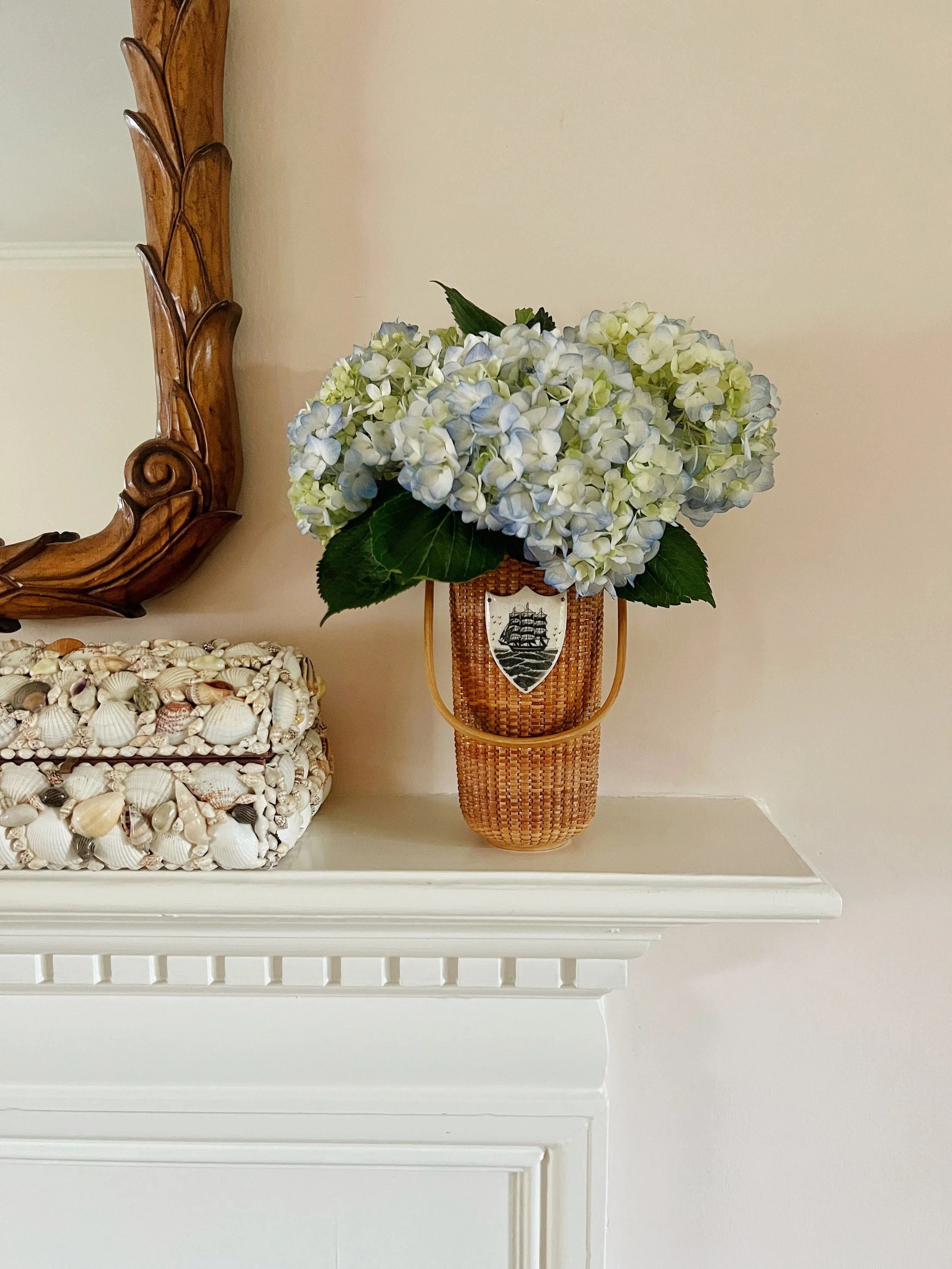 Nantucket Style Basket with Applied Scrimshaw Style Ship Plaque