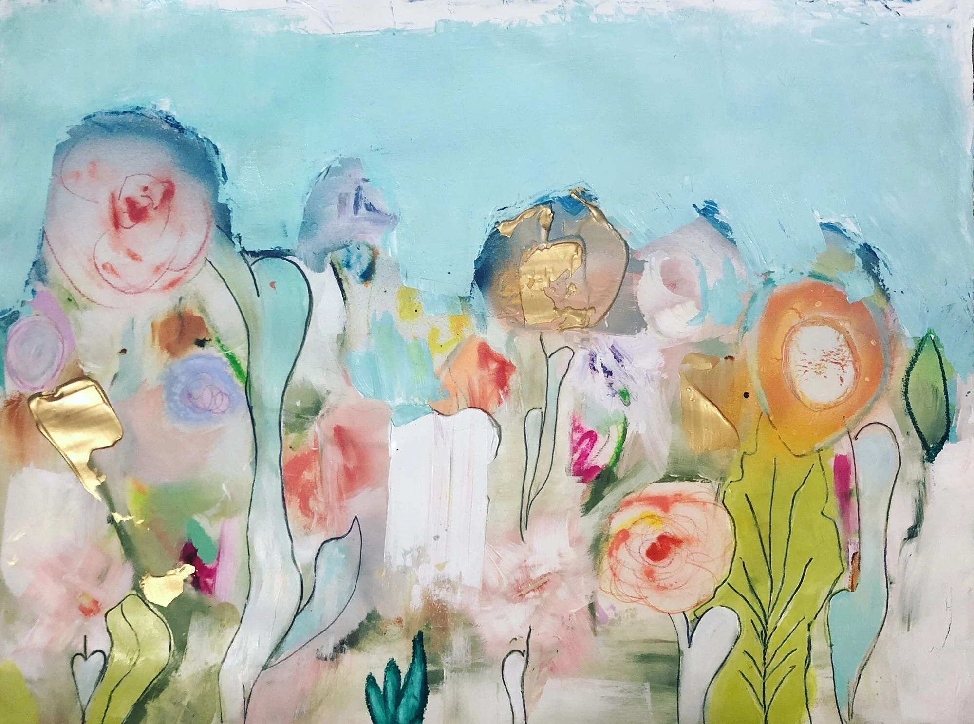    Among The Wildflowers   2019 Mixed media on cold press watercolor paper 30” x 22” SOLD 