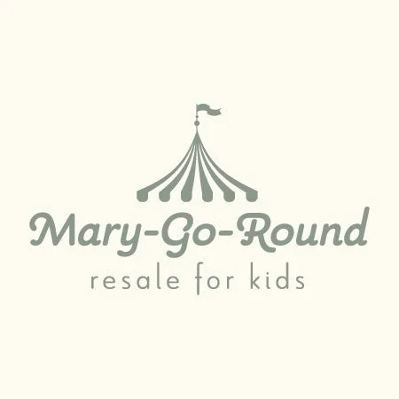 Logo for Mary-Go-Round resale for kids featuring a circus tent with a flag on top.