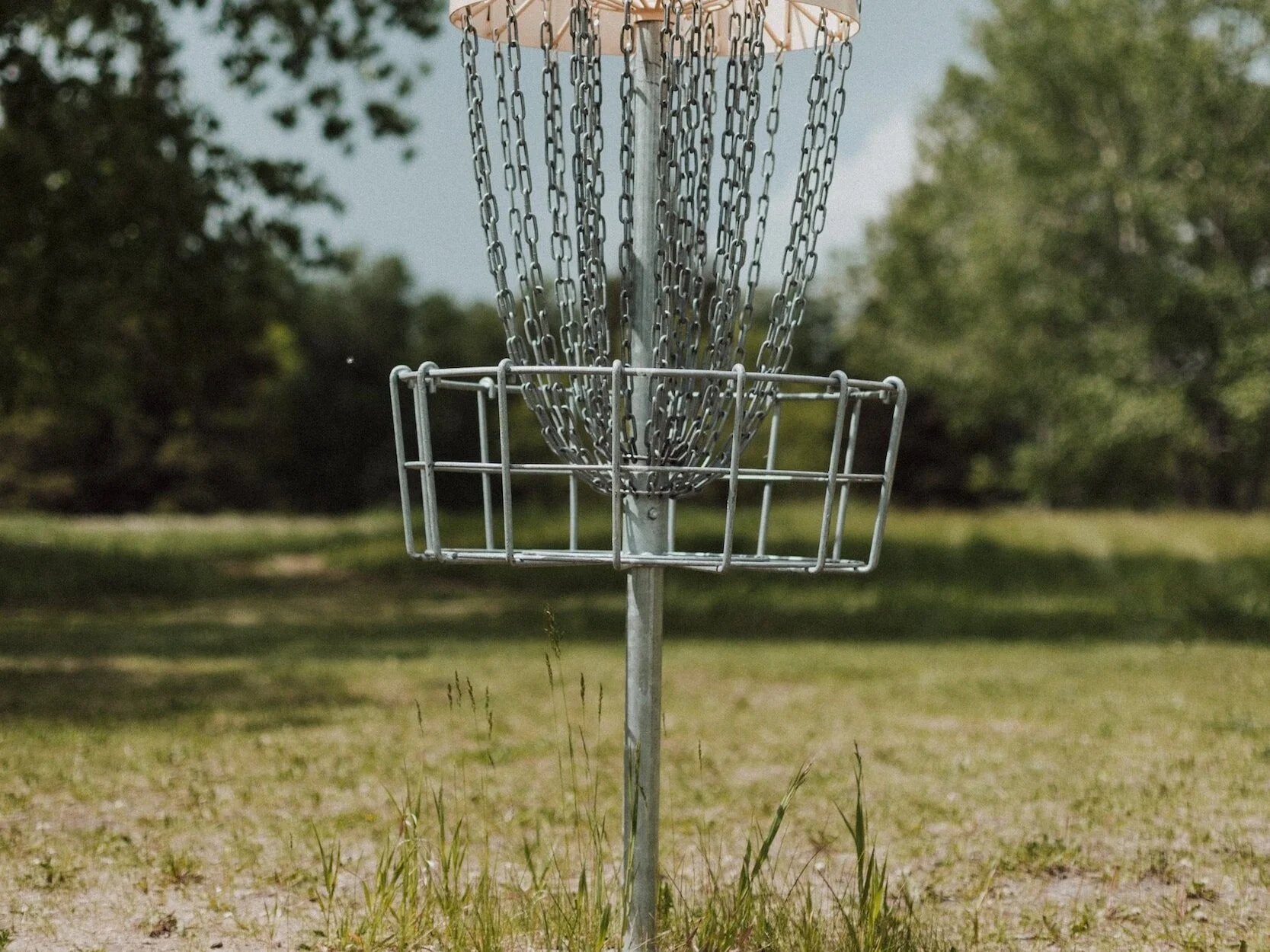 Disc golf sports equipment outside in the grass.