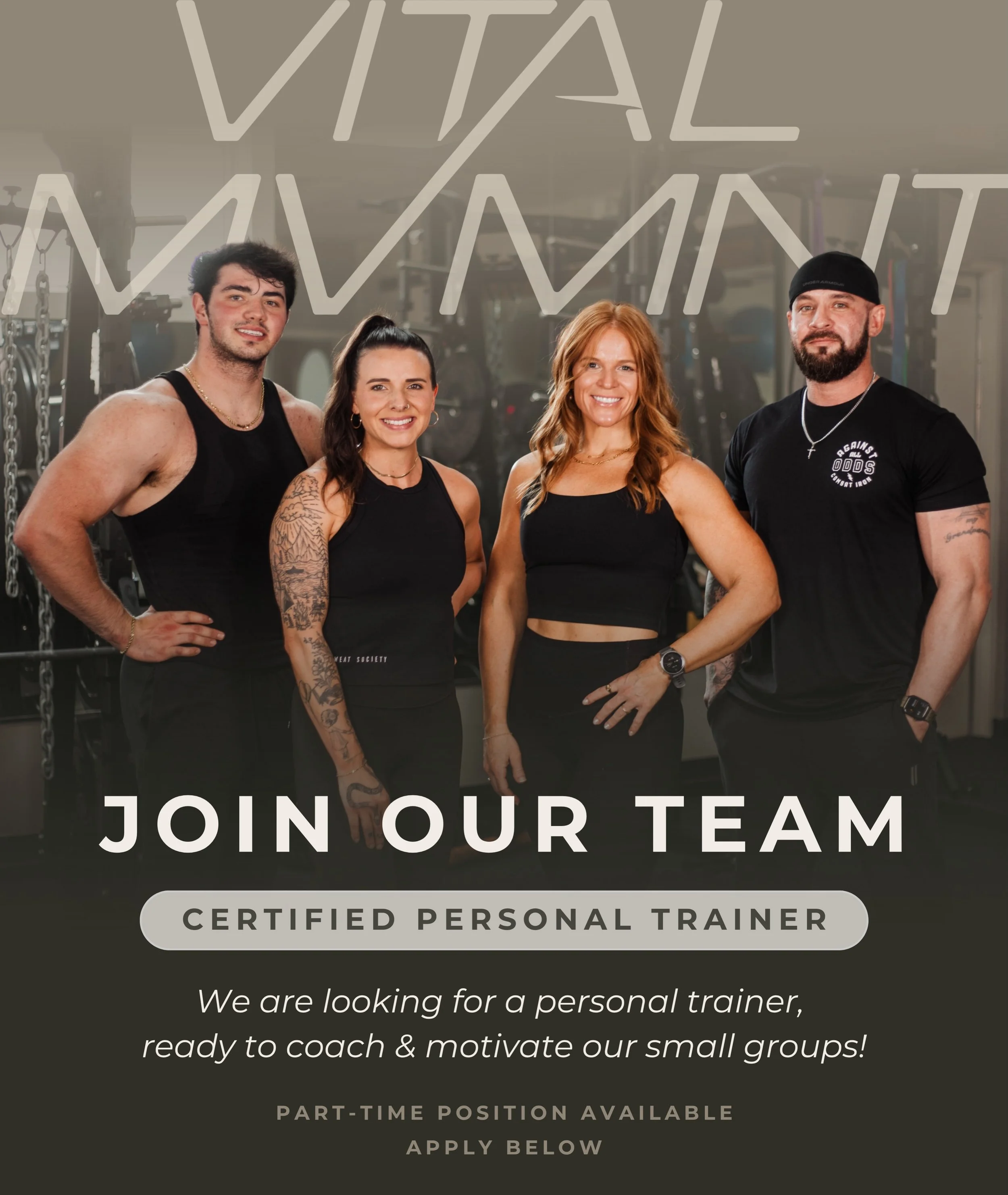 ✨WE ARE GROWING OUR TEAM!✨

VITAL MVMNT is looking to add a personal trainer, ready to coach and motivate our afternoon Small Groups! 

Small group training includes 4-7 clients focusing on building strength and improving cardiac health.

If you are 