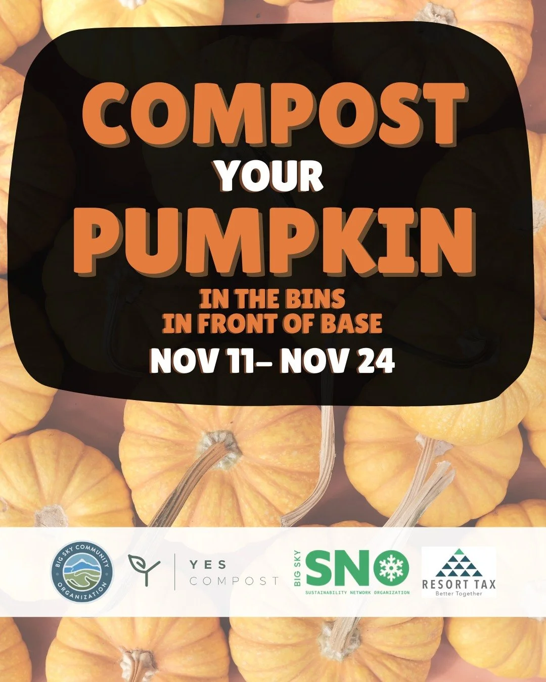 Pumpkin composting is back! 🎃♻️🌱
Don’t toss your jack-o’-lantern, give it a second life! Bring your pumpkins to the compost bins in front of BASE, Nov 11–24.
#SpookyTruth #CompostIt #SustainableHalloween #BigSkySNO