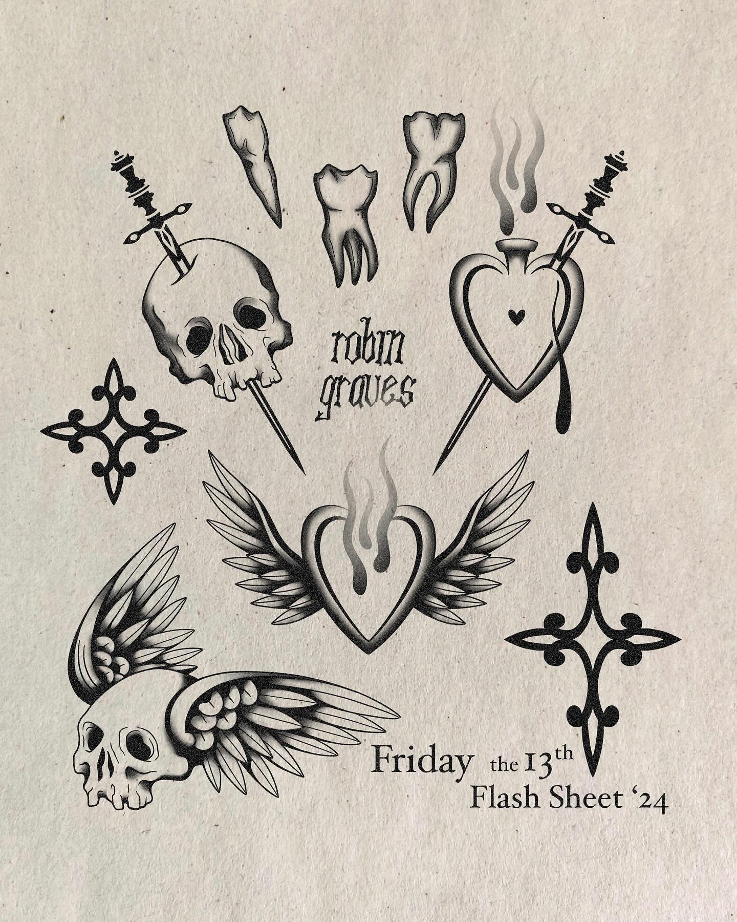 This Friday is the 13th! Reserve your spot at robingraves.net

✹ 18+
✹ Set sizing &amp; Special rates
✹ Arms &amp; Legs only
✹ Masks required in studio

Flash is limited relatable and remaining pieces will be added to the Flash Gallery later this wee