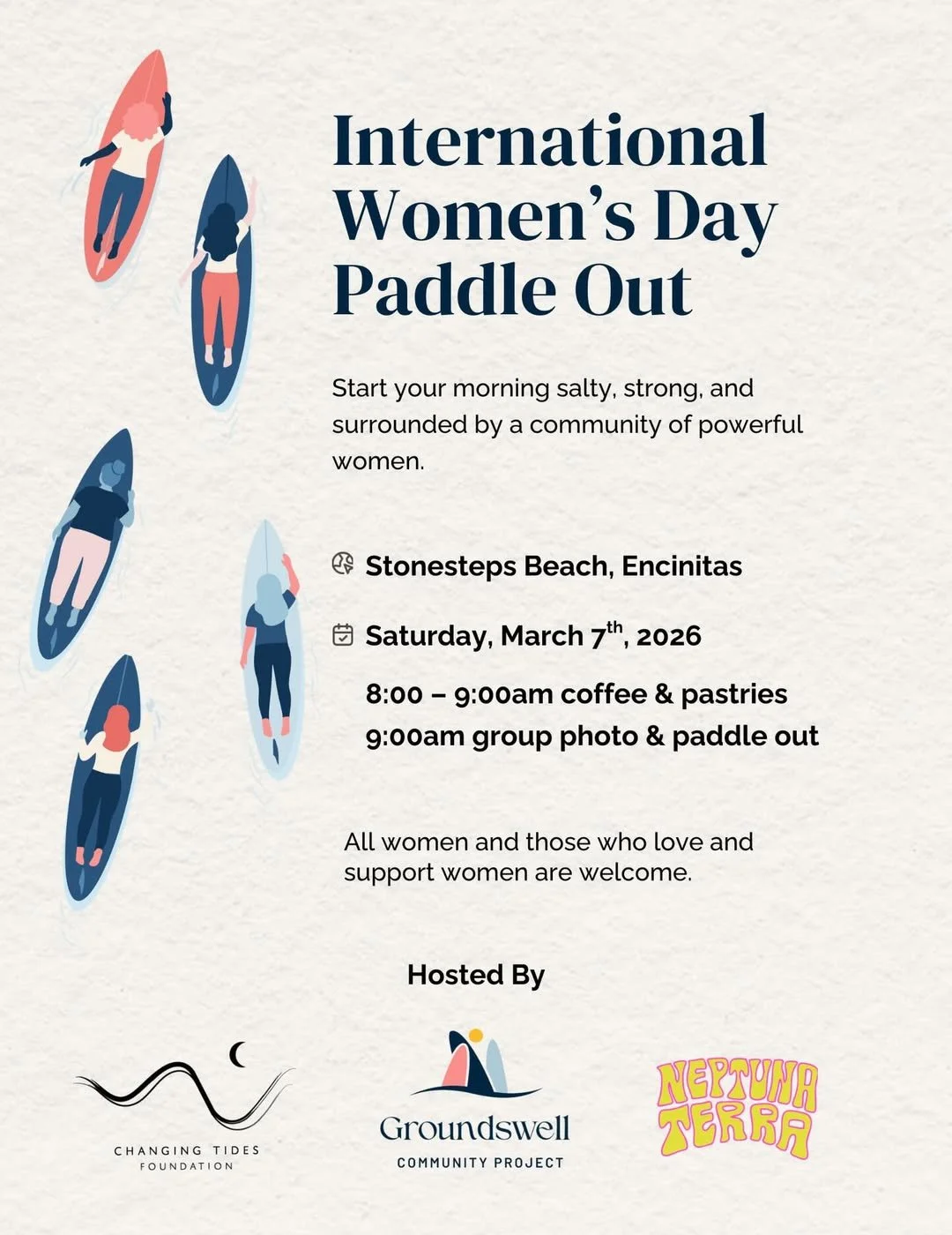 Mamala crew, if you are around this Saturday, join @changingtidesfoundation , @groundswellcommunityproject  and @neptuna_terra  for a community paddle out in honor of International Women&rsquo;s Day.

The morning starts with coffee and pastries on th