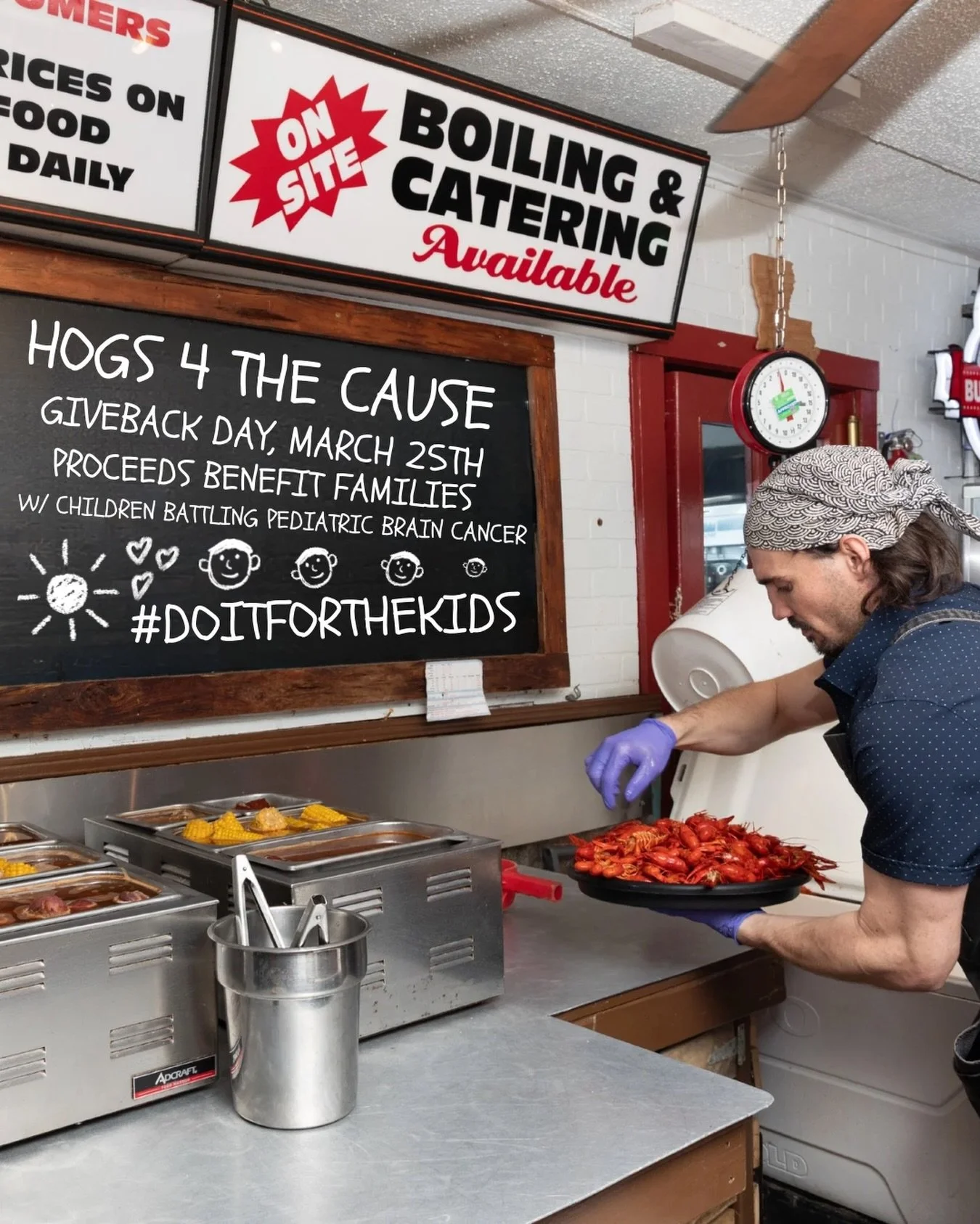 Eat crawfish for the kids on Wednesday March 25th with us ALL DAY!

Proceeds will benefit families with children battling pediatric brain cancer via Hogs for the Cause. 

@teamfleurdeque 
@trailerporkboysnola 

#hogsforthecause #fundraising #crawfish